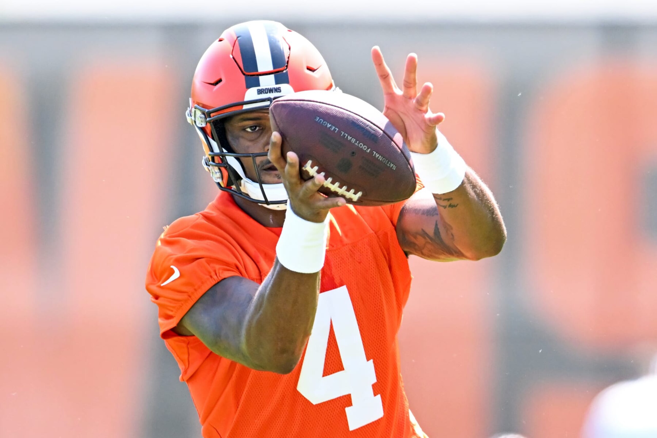 BEREA, OHIO - MAY 31: Deshaun Watson #4 of the Cleveland Browns runs a drill during the Cleveland Browns OTAs at CrossCountry Mortgage Campus on May 31, 2023 in Berea, Ohio. (Photo by Nick Cammett/Diamond Images via Getty Images)