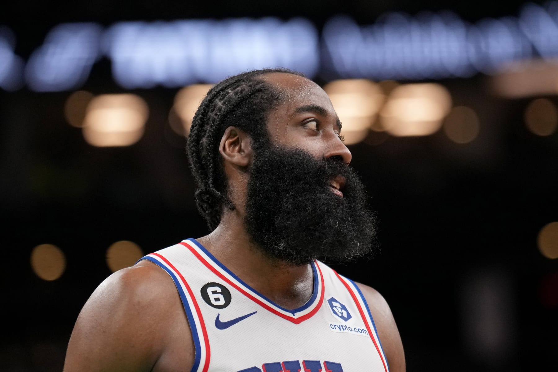 BOSTON, MA - MAY 9: James Harden #1 of the Philadelphia 76ers looks on during the game against the Boston Celtics during Game 5 of the 2023 NBA Playoffs Eastern Conference semi-finals on May 9, 2023 at the TD Garden in Boston, Massachusetts. NOTE TO USER: User expressly acknowledges and agrees that, by downloading and or using this photograph, User is consenting to the terms and conditions of the Getty Images License Agreement. Mandatory Copyright Notice: Copyright 2023 NBAE  (Photo by Jesse D. Garrabrant/NBAE via Getty Images)