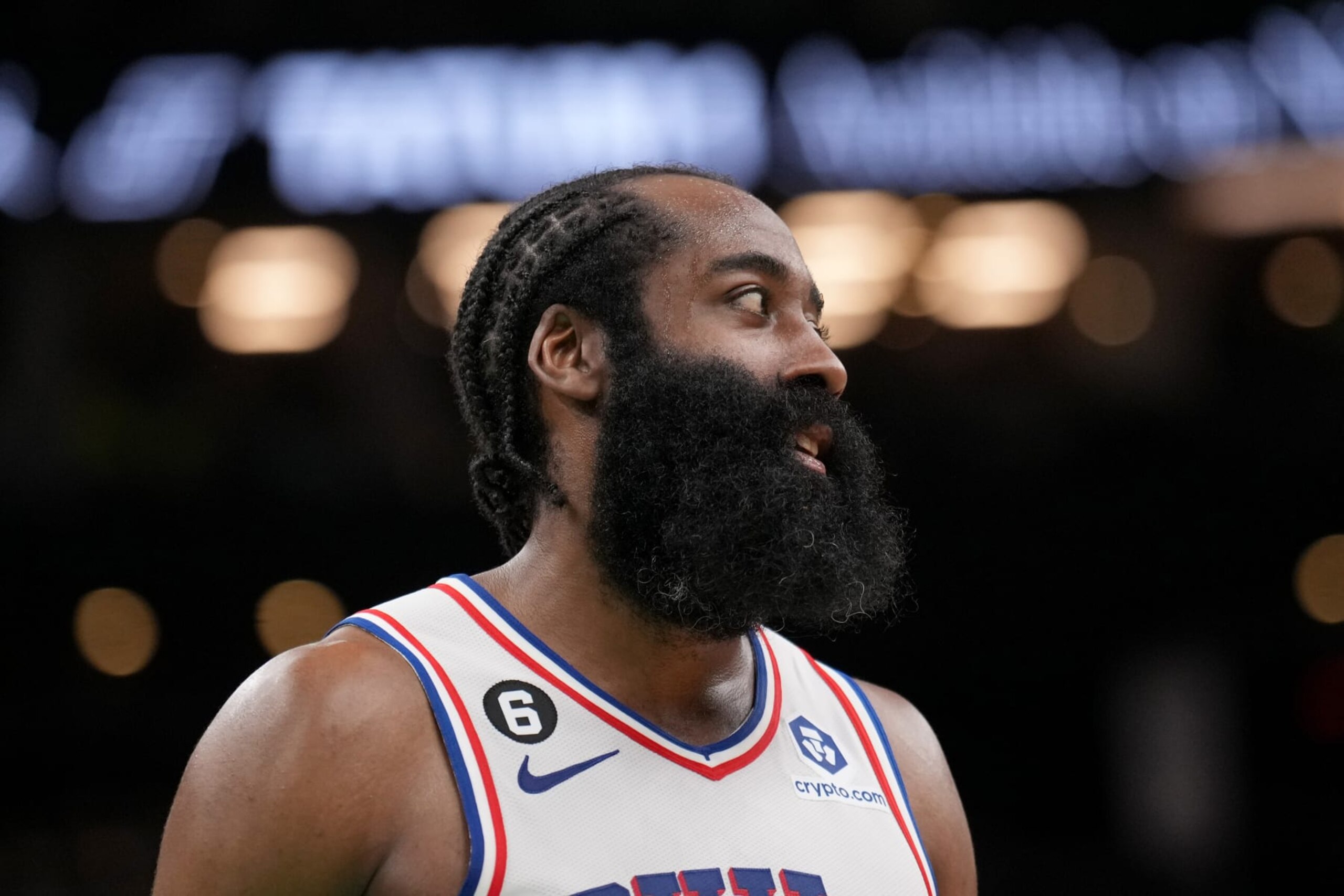 BOSTON, MA - MAY 9: James Harden #1 of the Philadelphia 76ers looks on during the game against the Boston Celtics during Game 5 of the 2023 NBA Playoffs Eastern Conference semi-finals on May 9, 2023 at the TD Garden in Boston, Massachusetts. NOTE TO USER: User expressly acknowledges and agrees that, by downloading and or using this photograph, User is consenting to the terms and conditions of the Getty Images License Agreement. Mandatory Copyright Notice: Copyright 2023 NBAE (Photo by Jesse D. Garrabrant/NBAE via Getty Images) BOSTON, MA - MAY 9: James Harden #1 of the Philadelphia 76ers looks on during the game against the Boston Celtics during Game 5 of the 2023 NBA Playoffs Eastern Conference semi-finals on May 9, 2023 at the TD Garden in Boston, Massachusetts. NOTE TO USER: User expressly acknowledges and agrees that, by downloading and or using this photograph, User is consenting to the terms and conditions of the Getty Images License Agreement. Mandatory Copyright Notice: Copyright 2023 NBAE (Photo by Jesse D. Garrabrant/NBAE via Getty Images)