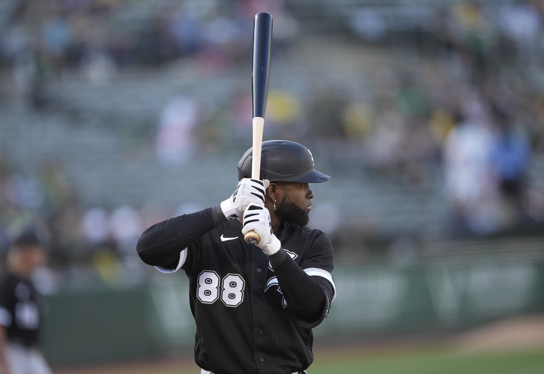 OAKLAND, CALIFORNIA - JUNE 30: Luis Robert Jr. #88 of the Chicago White Sox bats against the Oakland Athletics in the top of the first inning at RingCentral Coliseum on June 30, 2023 in Oakland, California. (Photo by Thearon W. Henderson/Getty Images)