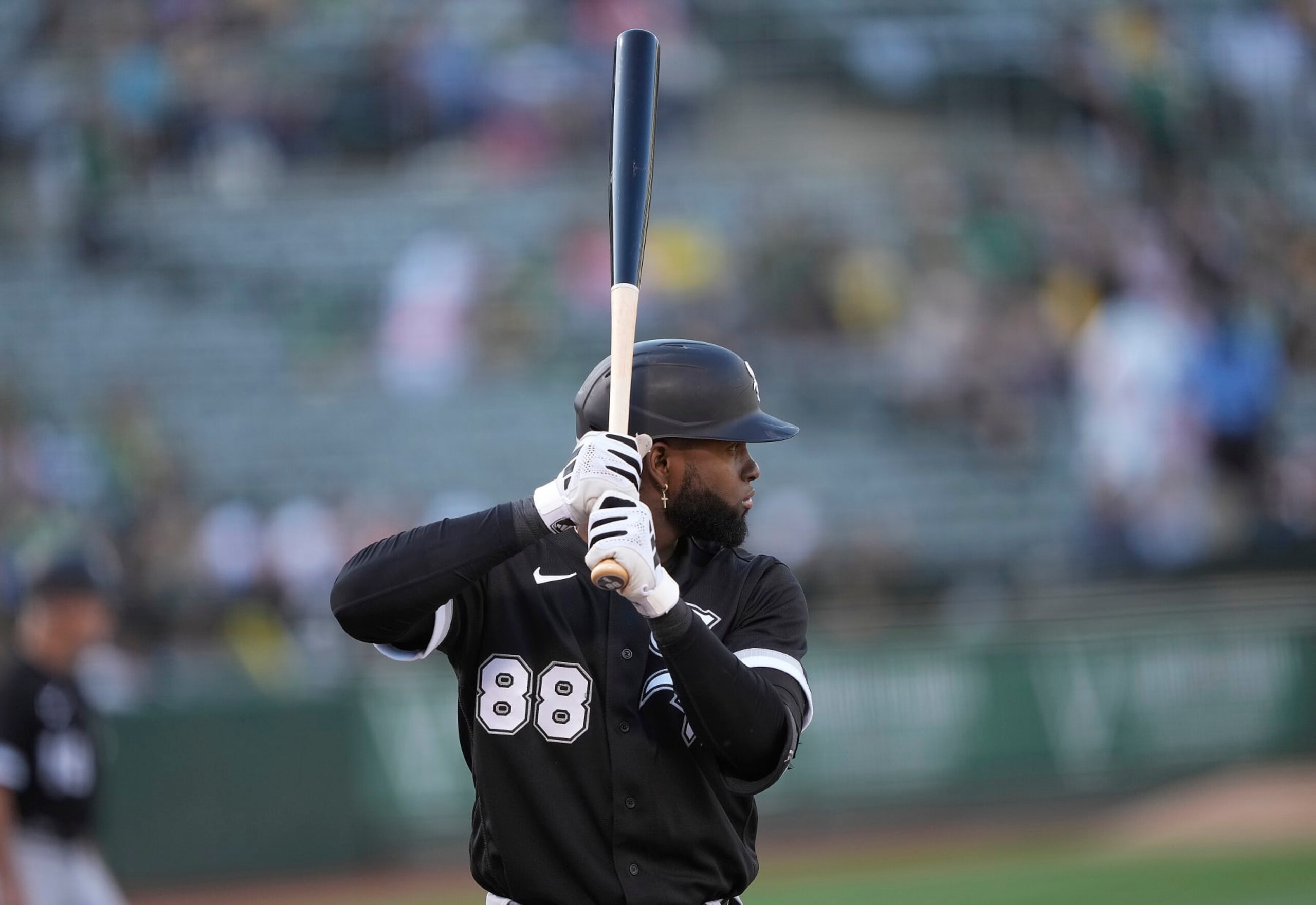 OAKLAND, CALIFORNIA - JUNE 30: Luis Robert Jr. #88 of the Chicago White Sox bats against the Oakland Athletics in the top of the first inning at RingCentral Coliseum on June 30, 2023 in Oakland, California. (Photo by Thearon W. Henderson/Getty Images)