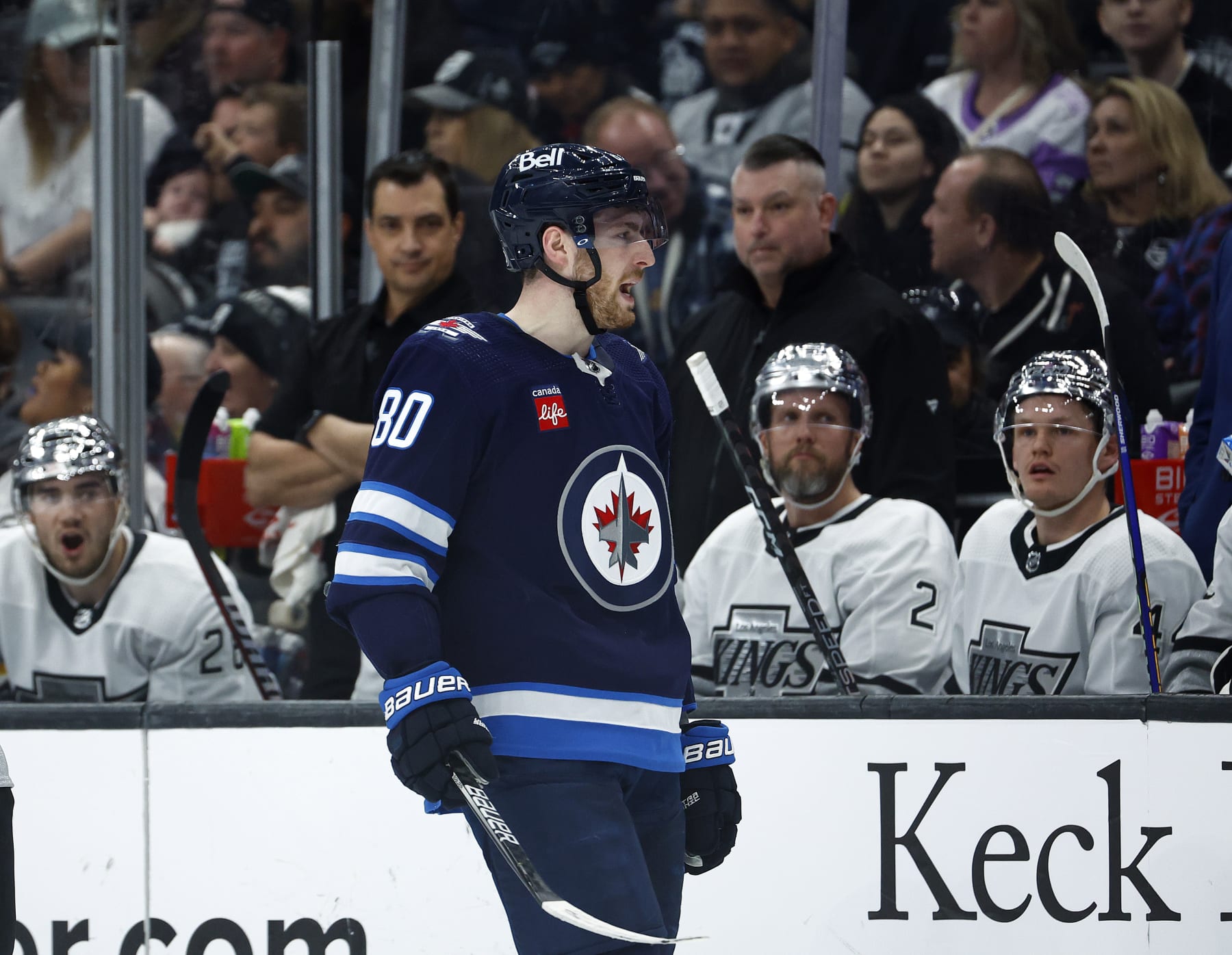 LOS ANGELES, CALIFORNIA - MARCH 25:  Pierre-Luc Dubois #80 of the Winnipeg Jets celebrates a goal against the Los Angeles Kings in the second period at Crypto.com Arena on March 25, 2023 in Los Angeles, California. (Photo by Ronald Martinez/Getty Images)