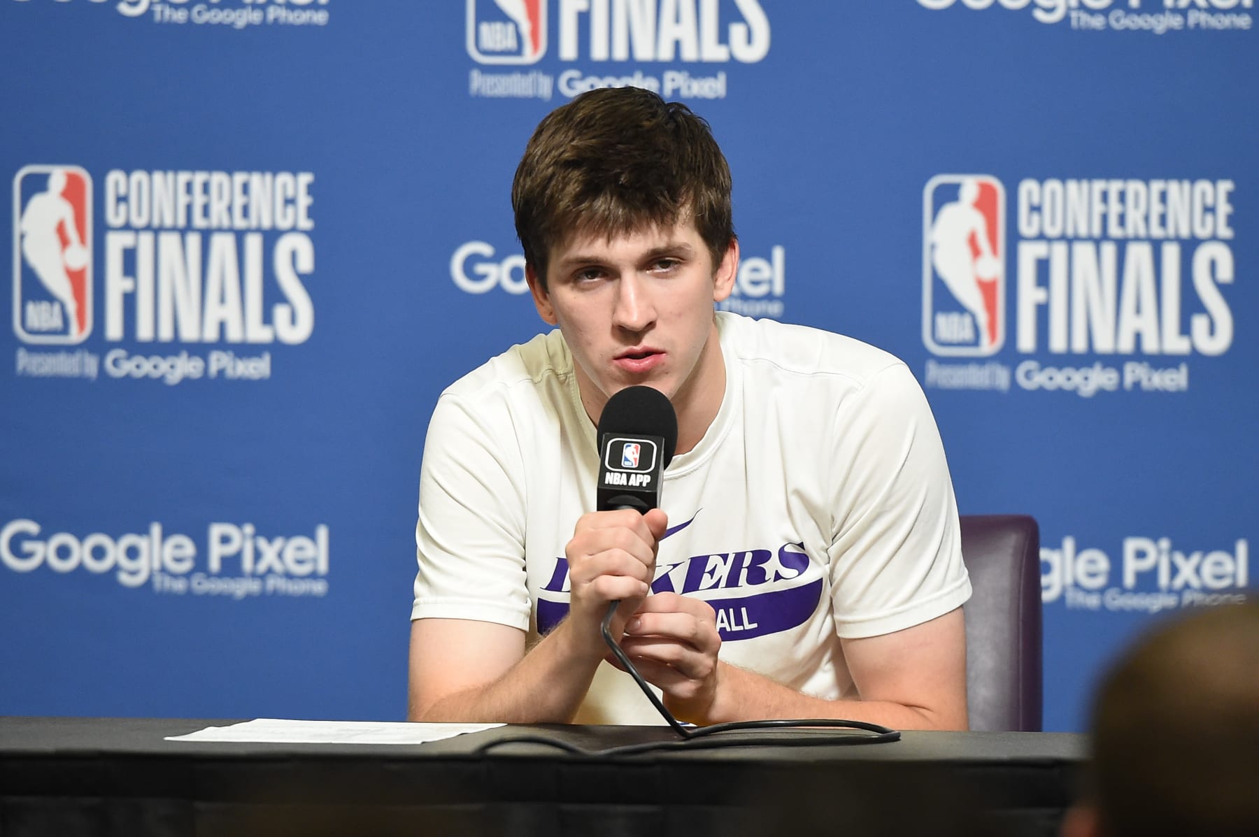 LOS ANGELES, CA - MAY 22: Austin Reaves #15 of the Los Angeles Lakers speaks to the media after Round 3 Game 4 of the Western Conference Finals 2023 NBA Playoffs against the Denver Nuggets on May 22, 2023 at Crypto.Com Arena in Los Angeles, California. NOTE TO USER: User expressly acknowledges and agrees that, by downloading and/or using this Photograph, user is consenting to the terms and conditions of the Getty Images License Agreement. Mandatory Copyright Notice: Copyright 2023 NBAE (Photo by Andrew D. Bernstein/NBAE via Getty Images)