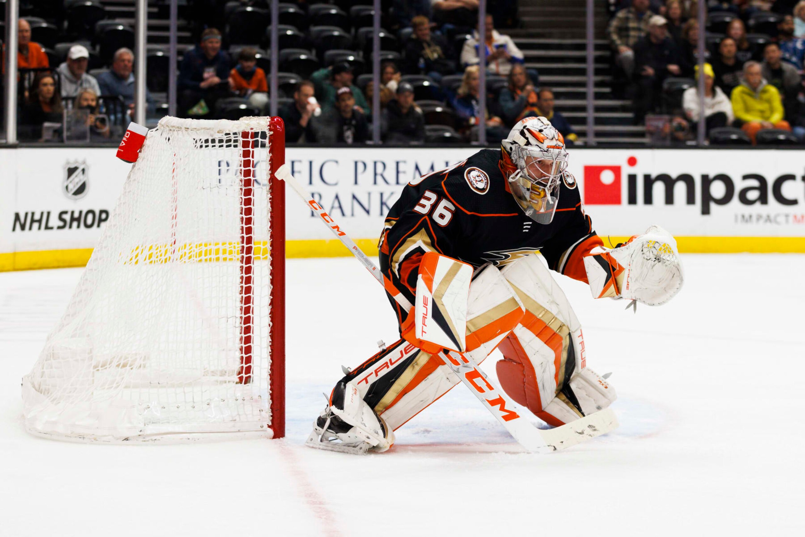 ANAHEIM, CA - MARCH 27: Anaheim Ducks goaltender John Gibson (36) in net during an NHL hockey game between the Colorado Avalanche and the Anaheim Ducks on March 27, 2023 at the Honda Center in Anaheim, CA. (Photo by Ric Tapia/Icon Sportswire via Getty Images)