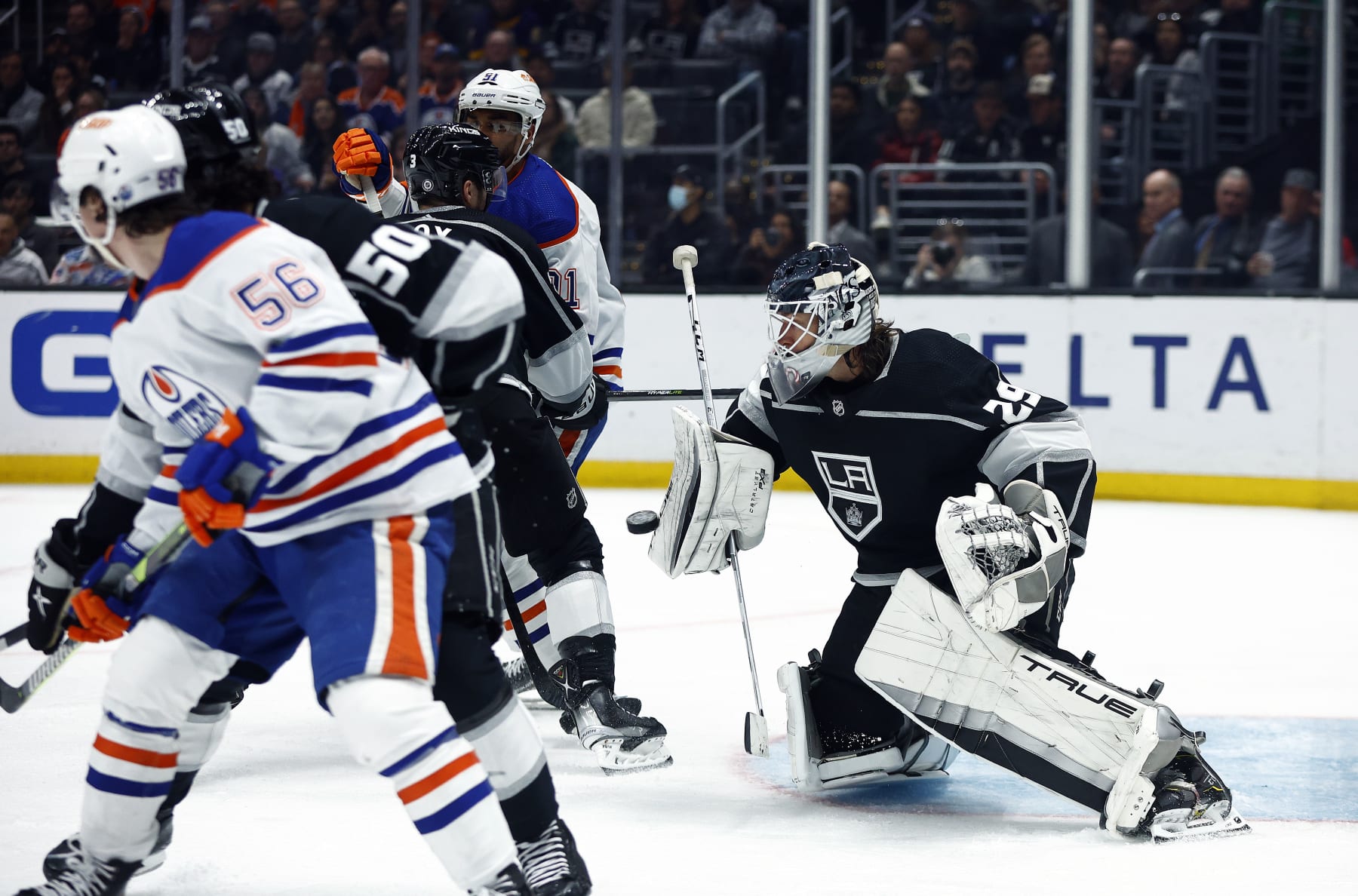 LOS ANGELES, CALIFORNIA - APRIL 04:  Pheonix Copley #29 of the Los Angeles Kings makes a save against the Edmonton Oilers in the third period at Crypto.com Arena on April 04, 2023 in Los Angeles, California. (Photo by Ronald Martinez/Getty Images)