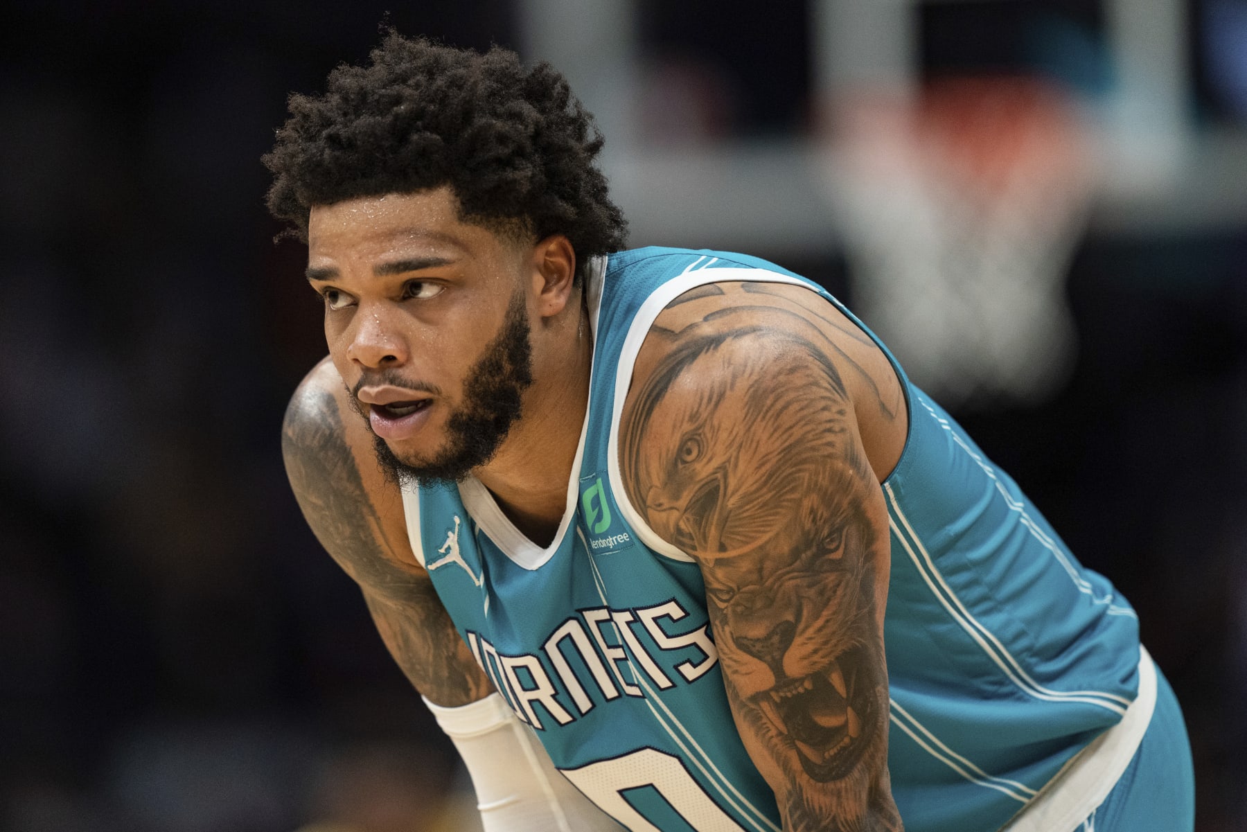 FIEL - Charlotte Hornets forward Miles Bridges (0) looks on during the second half of an NBA basketball game against the Los Angeles Lakers in Charlotte, N.C., on Jan. 28, 2022. Bridges is due in court in his domestic violence case. Bridges has pleaded not guilty to felony domestic violence charges filed by Los Angeles County prosecutors after he was accused of assaulting his girlfriend in front of their two children. (AP Photo/Jacob Kupferman, File) FIEL - Charlotte Hornets forward Miles Bridges (0) looks on during the second half of an NBA basketball game against the Los Angeles Lakers in Charlotte, N.C., on Jan. 28, 2022. Bridges is due in court in his domestic violence case. Bridges has pleaded not guilty to felony domestic violence charges filed by Los Angeles County prosecutors after he was accused of assaulting his girlfriend in front of their two children. (AP Photo/Jacob Kupferman, File)