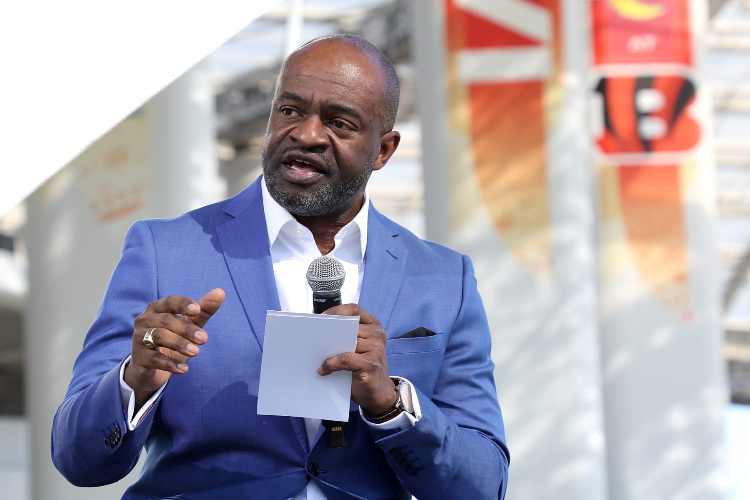 INGLEWOOD, CALIFORNIA - FEBRUARY 09: NFLPA Executive Director DeMaurice Smith addresses the media on February 09, 2022 at the NFL Network's Champions Field at the NFL Media Building on the SoFi Stadium campus in Inglewood, California.  (Photo by Rob Carr/Getty Images)