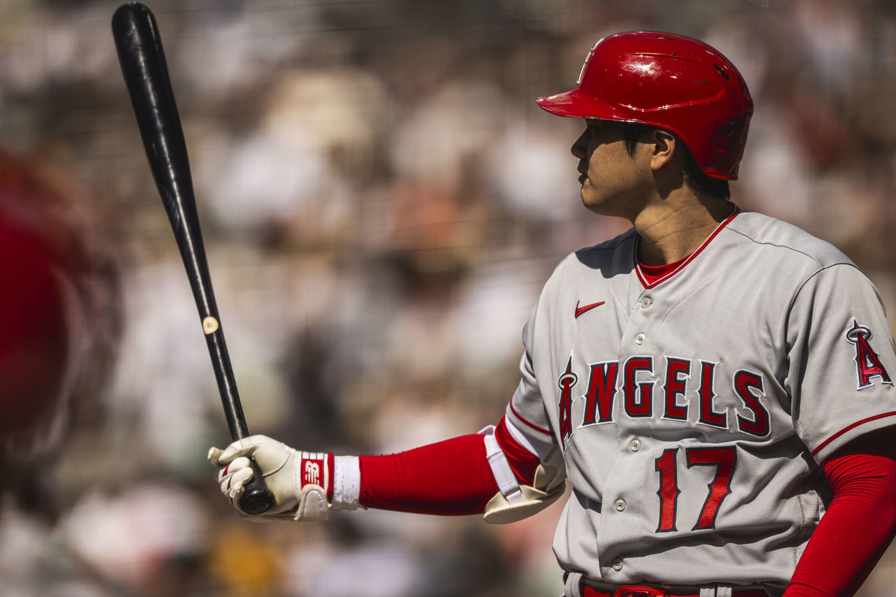 SAN DIEGO, CA - JULY 4: Shohei Ohtani #17 of the Los Angeles Angels stands at-bat during the first inning against the San Diego Padres on July 4, 2023 at Petco Park in San Diego, California. (Photo by Matt Thomas/San Diego Padres/Getty Images)