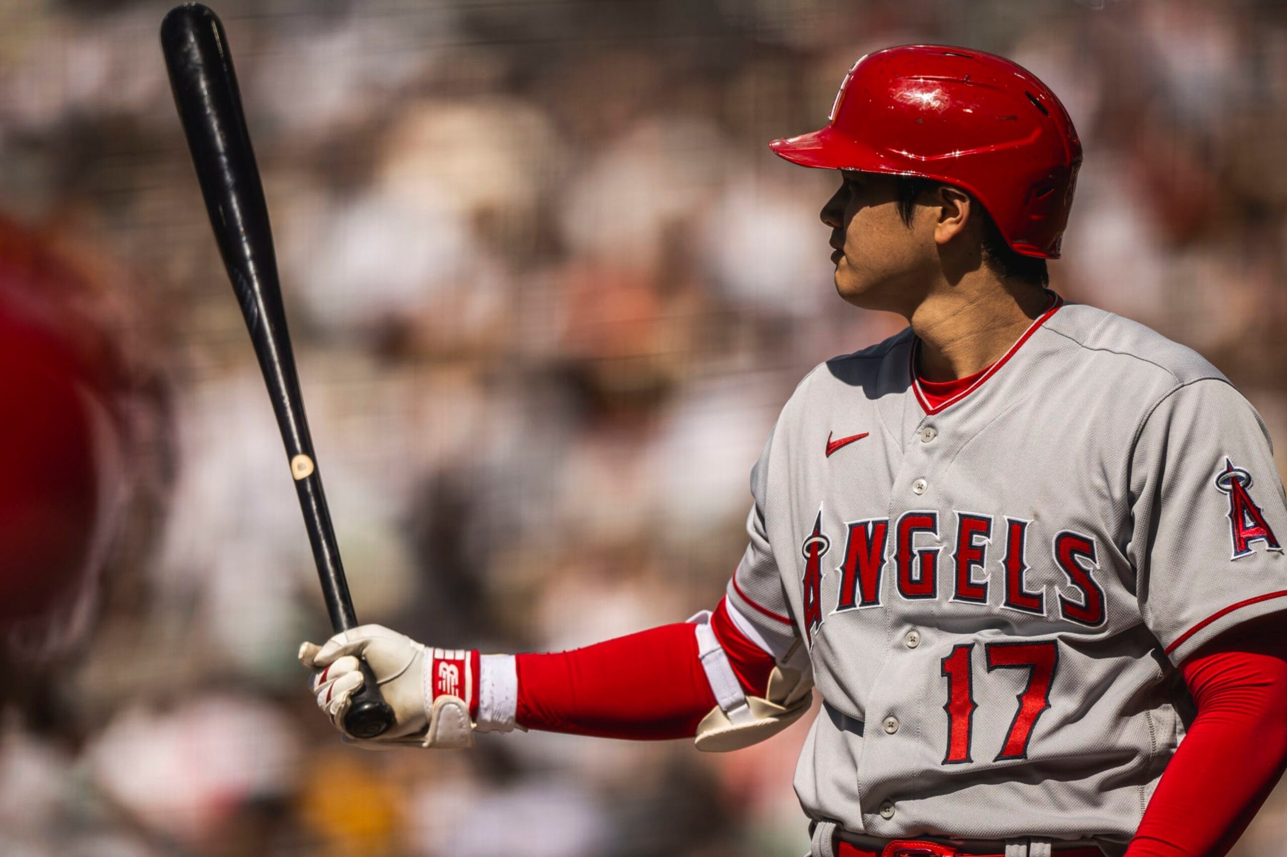 SAN DIEGO, CA - JULY 4: Shohei Ohtani #17 of the Los Angeles Angels stands at-bat during the first inning against the San Diego Padres on July 4, 2023 at Petco Park in San Diego, California. (Photo by Matt Thomas/San Diego Padres/Getty Images)
