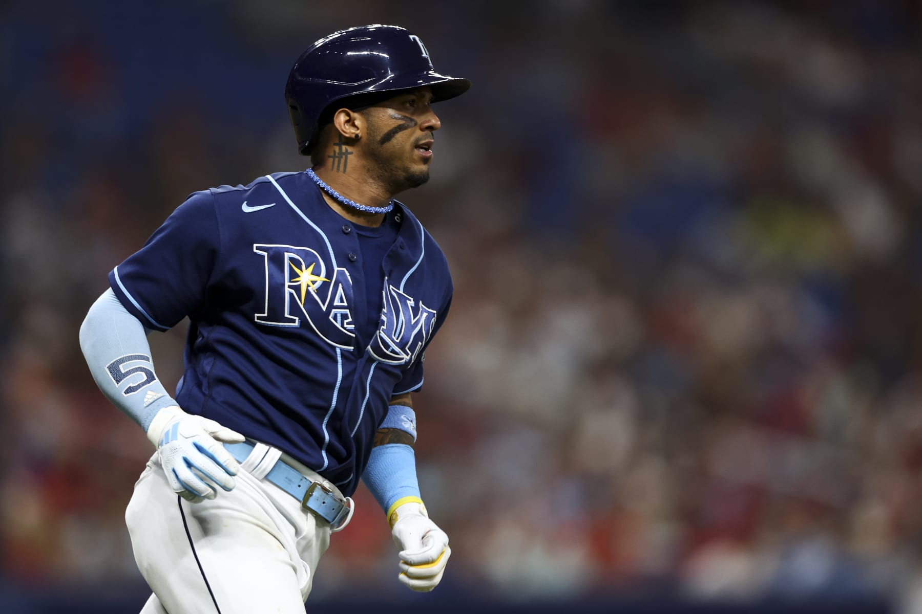 ST PETERSBURG, FL - JULY 5: Wander Franco #5 of the Tampa Bay Rays singles during the eighth inning against the Philadelphia Phillies at Tropicana Field on July 5, 2023 in St Petersburg, Florida. (Photo by Kevin Sabitus/Getty Images)