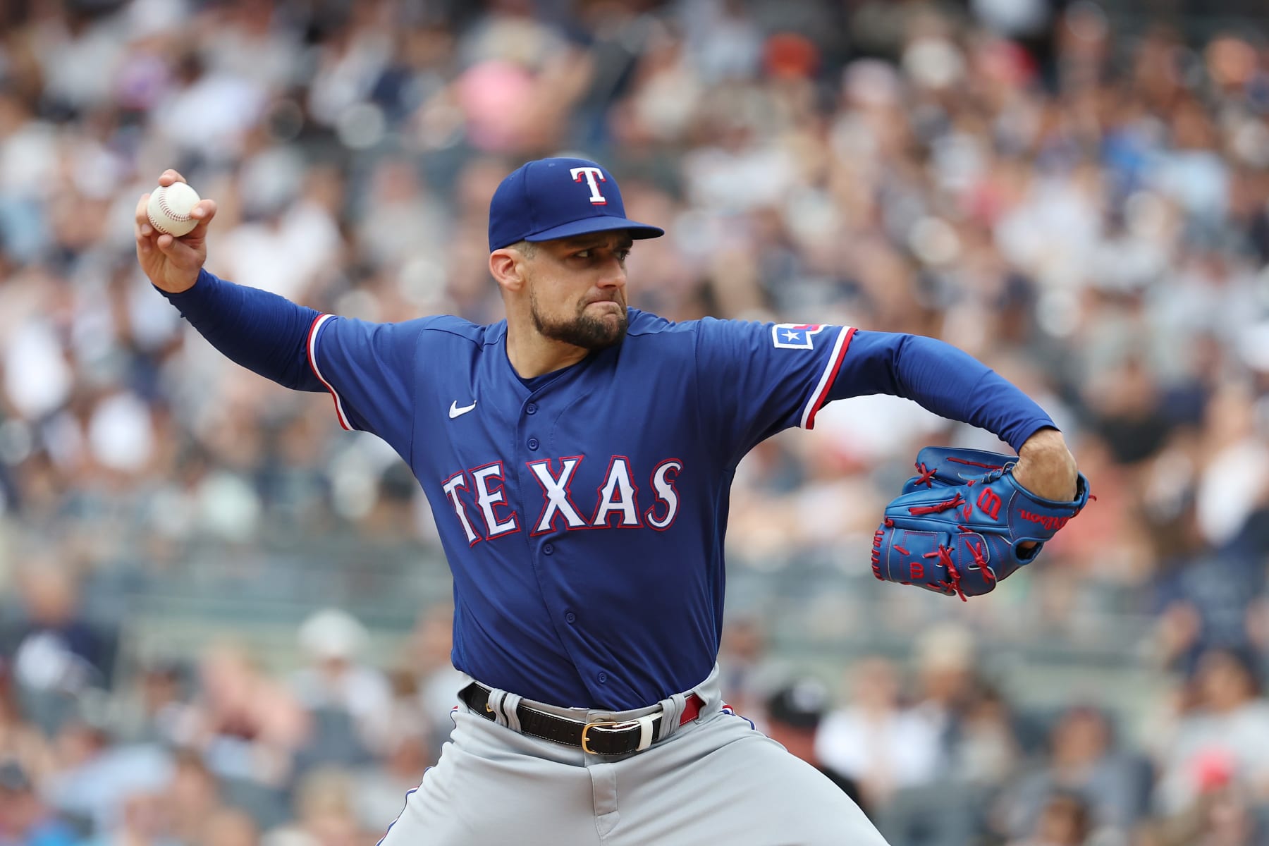 NEW YORK, NEW YORK - JUNE 25:  Nathan Eovaldi #17 of the Texas Rangers pitches against the New York Yankees during their game at Yankee Stadium on June 25, 2023 in Bronx borough of New York City.  (Photo by Al Bello/Getty Images)