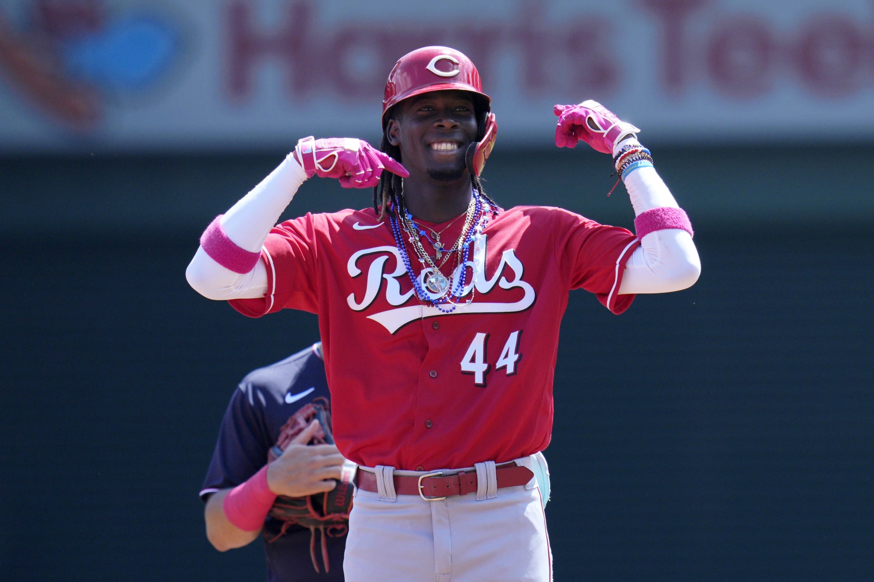 WASHINGTON, DC - JULY 04: Elly De La Cruz #44 of the Cincinnati Reds celebrates after advancing to second base on a single against the Washington Nationals during the first inning at Nationals Park on July 04, 2023 in Washington, DC. (Photo by Jess Rapfogel/Getty Images)