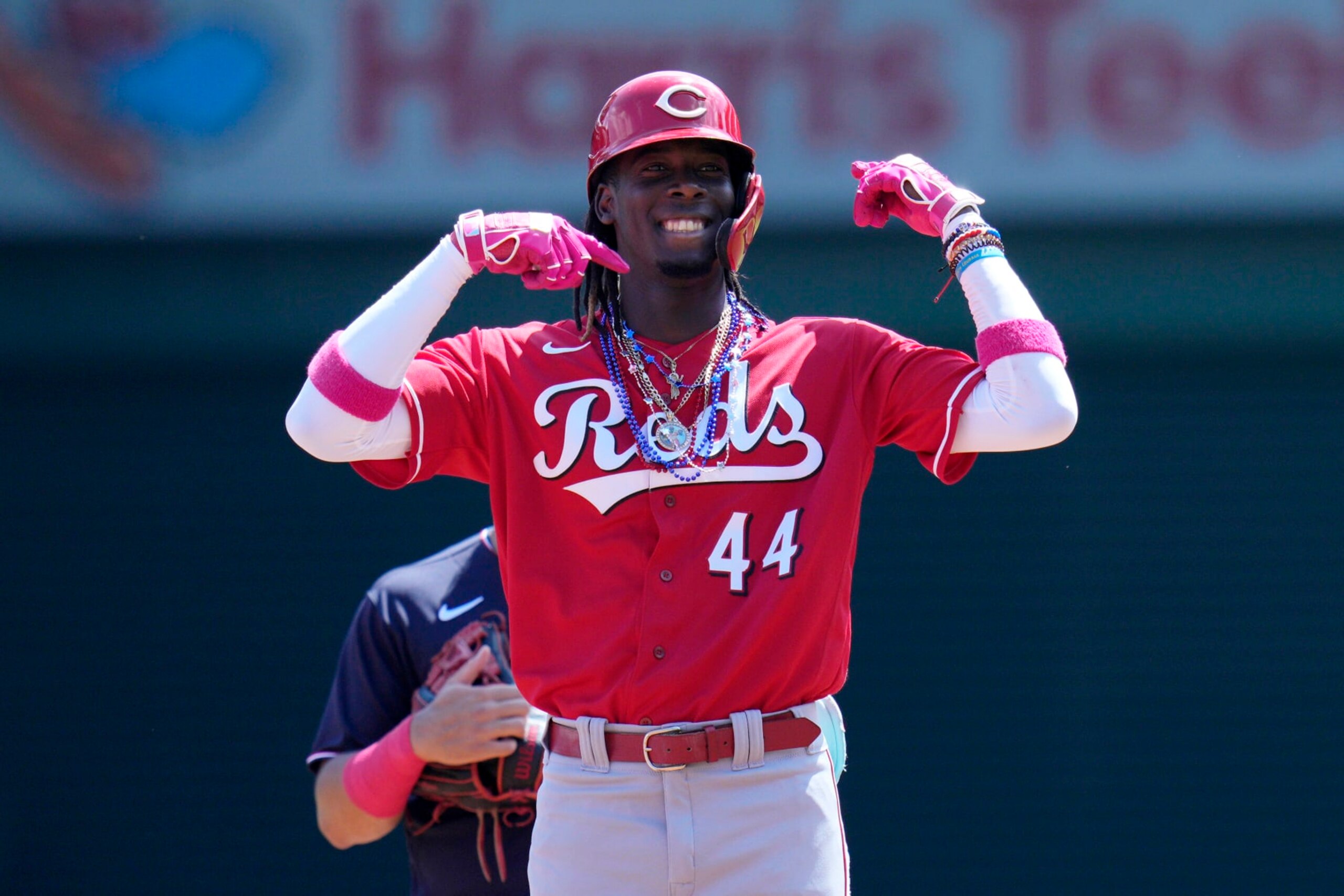 WASHINGTON, DC - JULY 04: Elly De La Cruz #44 of the Cincinnati Reds celebrates after advancing to second base on a single against the Washington Nationals during the first inning at Nationals Park on July 04, 2023 in Washington, DC. (Photo by Jess Rapfogel/Getty Images)