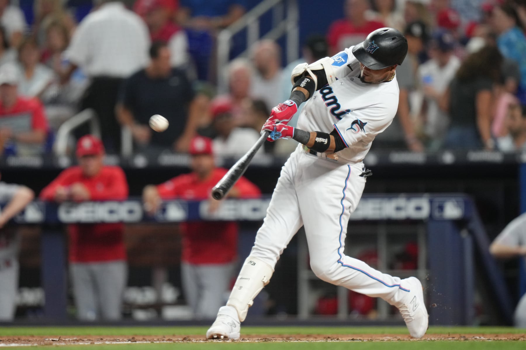 MIAMI, FL - JULY 03: Miami Marlins second baseman Luis Arraez (3) watches his homer attempt come up just short during the game between the St. Louis Cardinals and the Miami Marlins on Monday, July 3, 2023 at LoanDepot Park, Miami, Fla.  (Photo by Peter Joneleit/Icon Sportswire via Getty Images)