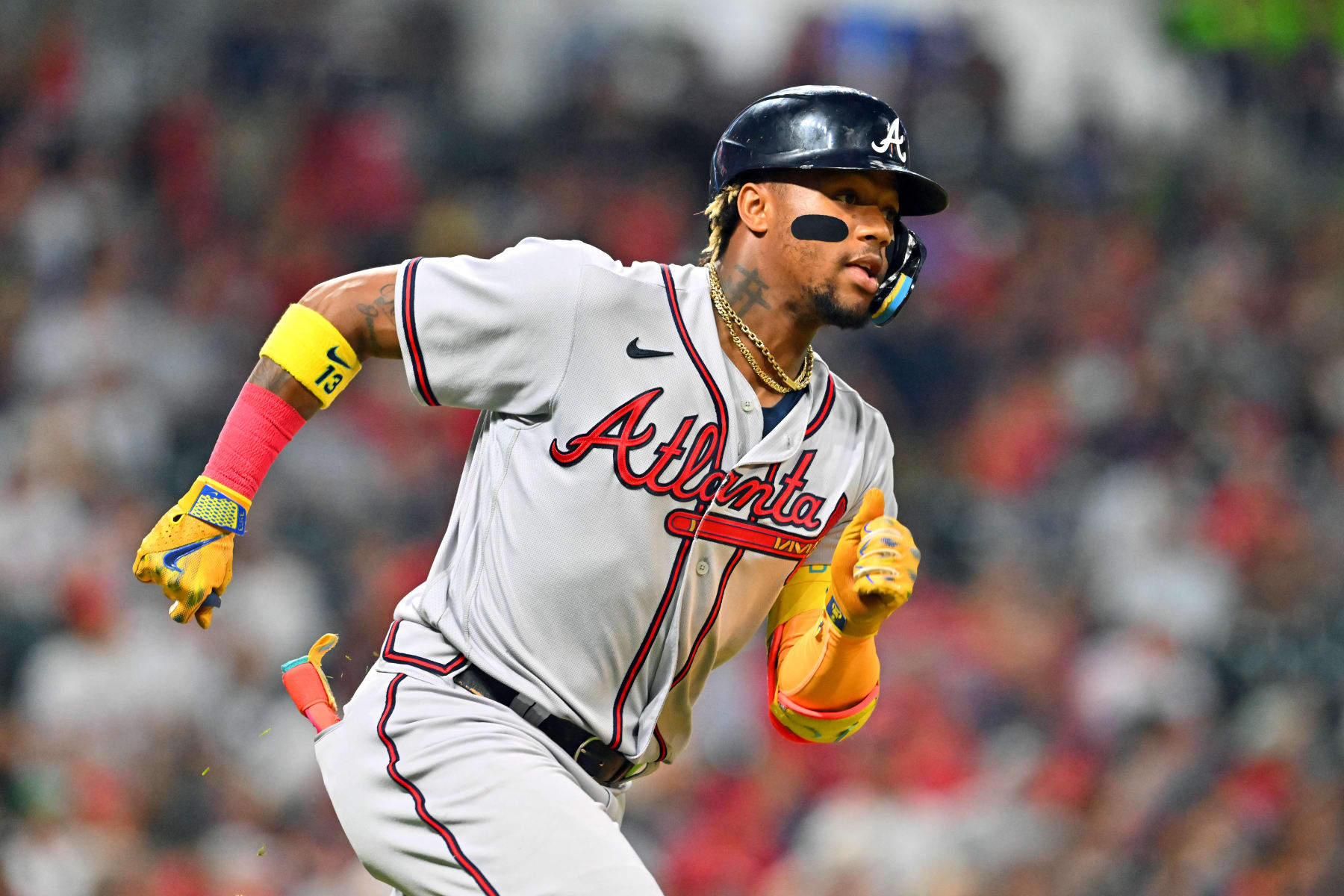 CLEVELAND, OHIO - JULY 05: Ronald Acuna Jr. #13 of the Atlanta Braves runs out a single during the eighth inning against the Cleveland Guardians at Progressive Field on July 05, 2023 in Cleveland, Ohio. (Photo by Jason Miller/Getty Images)