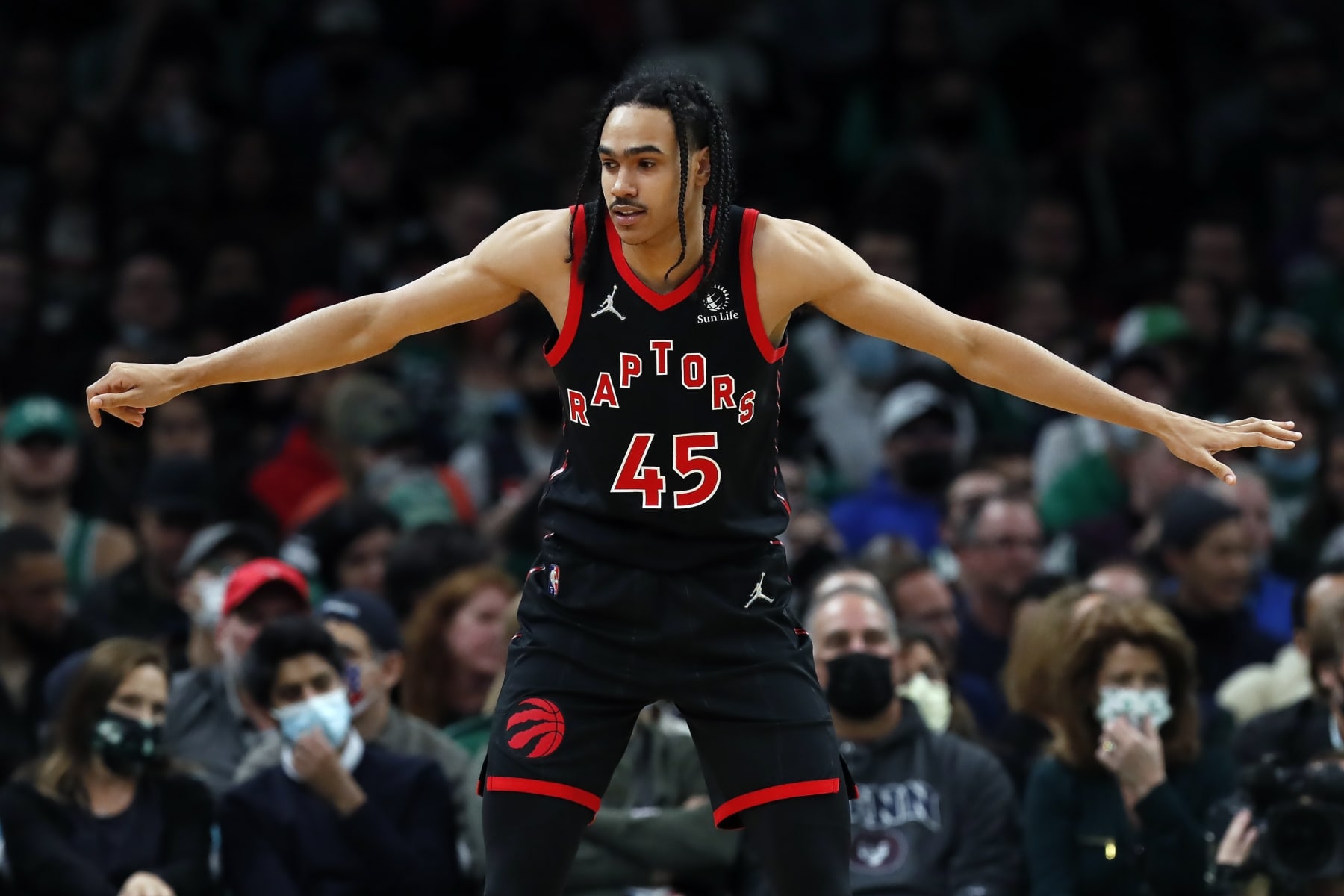 Toronto Raptors' Dalano Banton plays against the Boston Celtics during the second half of an NBA basketball game, Wednesday, Nov. 10, 2021, in Boston. (AP Photo/Michael Dwyer)