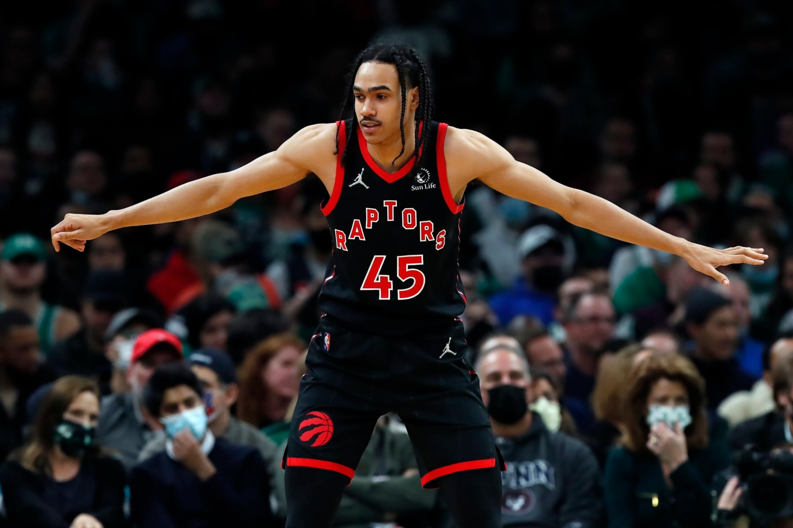 Toronto Raptors' Dalano Banton plays against the Boston Celtics during the second half of an NBA basketball game, Wednesday, Nov. 10, 2021, in Boston. (AP Photo/Michael Dwyer)