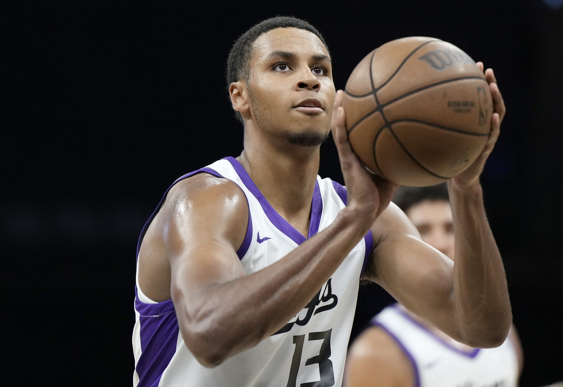 SACRAMENTO, CALIFORNIA - JULY 03: Keegan Murray #13 of the Sacramento Kings shoots a foul shot against the Golden State Warriors in the first half during the 2023 NBA California Classic at Golden 1 Center on July 03, 2023 in Sacramento, California. NOTE TO USER: User expressly acknowledges and agrees that, by downloading and or using this photograph, User is consenting to the terms and conditions of the Getty Images License Agreement. (Photo by Thearon W. Henderson/Getty Images)