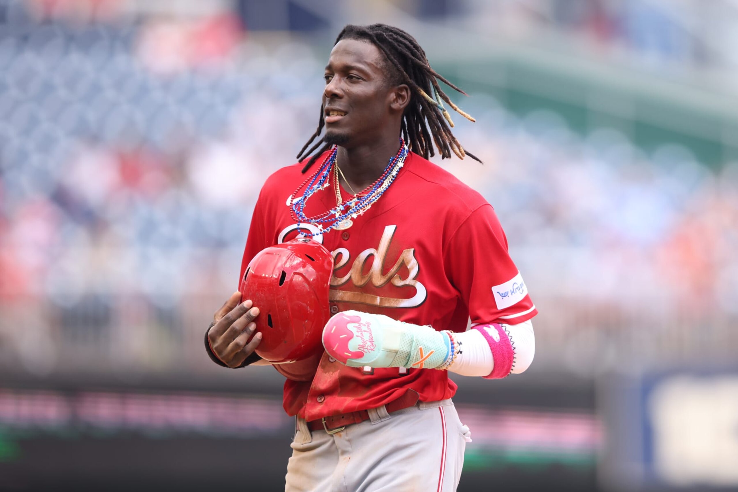 WASHINGTON, DC - JULY 04: Elly De La Cruz #44 of the Cincinnati Reds heads back to the dugout during the game between the Cincinnati Reds and the Washington Nationals at Nationals Park on Tuesday, July 4, 2023 in Washington, District of Columbia. (Photo by Rob Tringali/MLB Photos via Getty Images) WASHINGTON, DC - JULY 04: Elly De La Cruz #44 of the Cincinnati Reds heads back to the dugout during the game between the Cincinnati Reds and the Washington Nationals at Nationals Park on Tuesday, July 4, 2023 in Washington, District of Columbia. (Photo by Rob Tringali/MLB Photos via Getty Images)