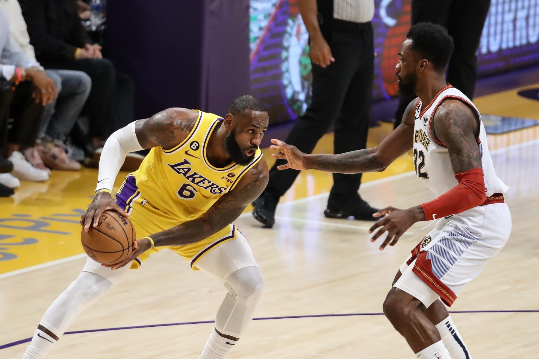 LOS ANGELES, CA - MAY 22: Los Angeles Lakers forward LeBron James (6) guarded by Denver Nuggets forward Jeff Green (32) during game 4 of the NBA Western Conference between the Denver Nuggets and the Los Angeles Lakers on May 22, 2023, at Cyrpto.com Arena in Los Angeles, CA. (Photo by Jevone Moore/Icon Sportswire via Getty Images)