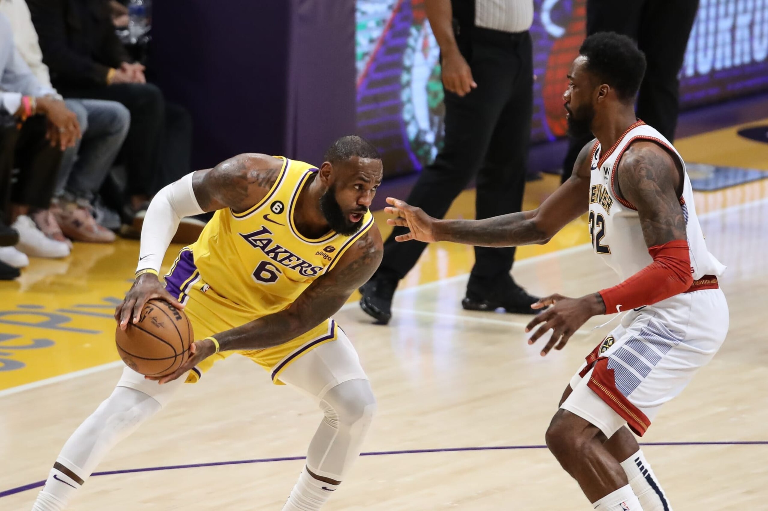 LOS ANGELES, CA - MAY 22: Los Angeles Lakers forward LeBron James (6) guarded by Denver Nuggets forward Jeff Green (32) during game 4 of the NBA Western Conference between the Denver Nuggets and the Los Angeles Lakers on May 22, 2023, at Cyrpto.com Arena in Los Angeles, CA. (Photo by Jevone Moore/Icon Sportswire via Getty Images)