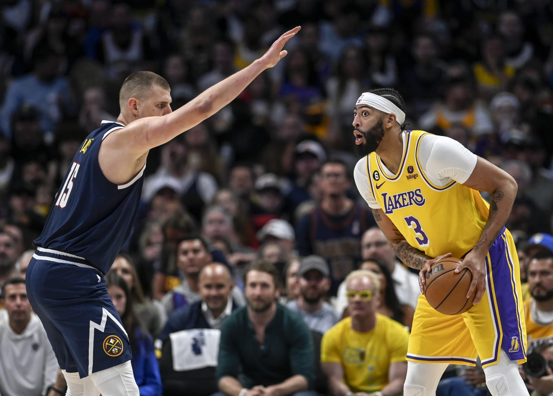 DENVER, CO - MAY 18: Nikola Jokic (15) of the Denver Nuggets guards Anthony Davis (3) of the Los Angeles Lakers during the first quarter at Ball Arena in Denver on Thursday, May 18, 2023. (Photo by AAron Ontiveroz/The Denver Post)