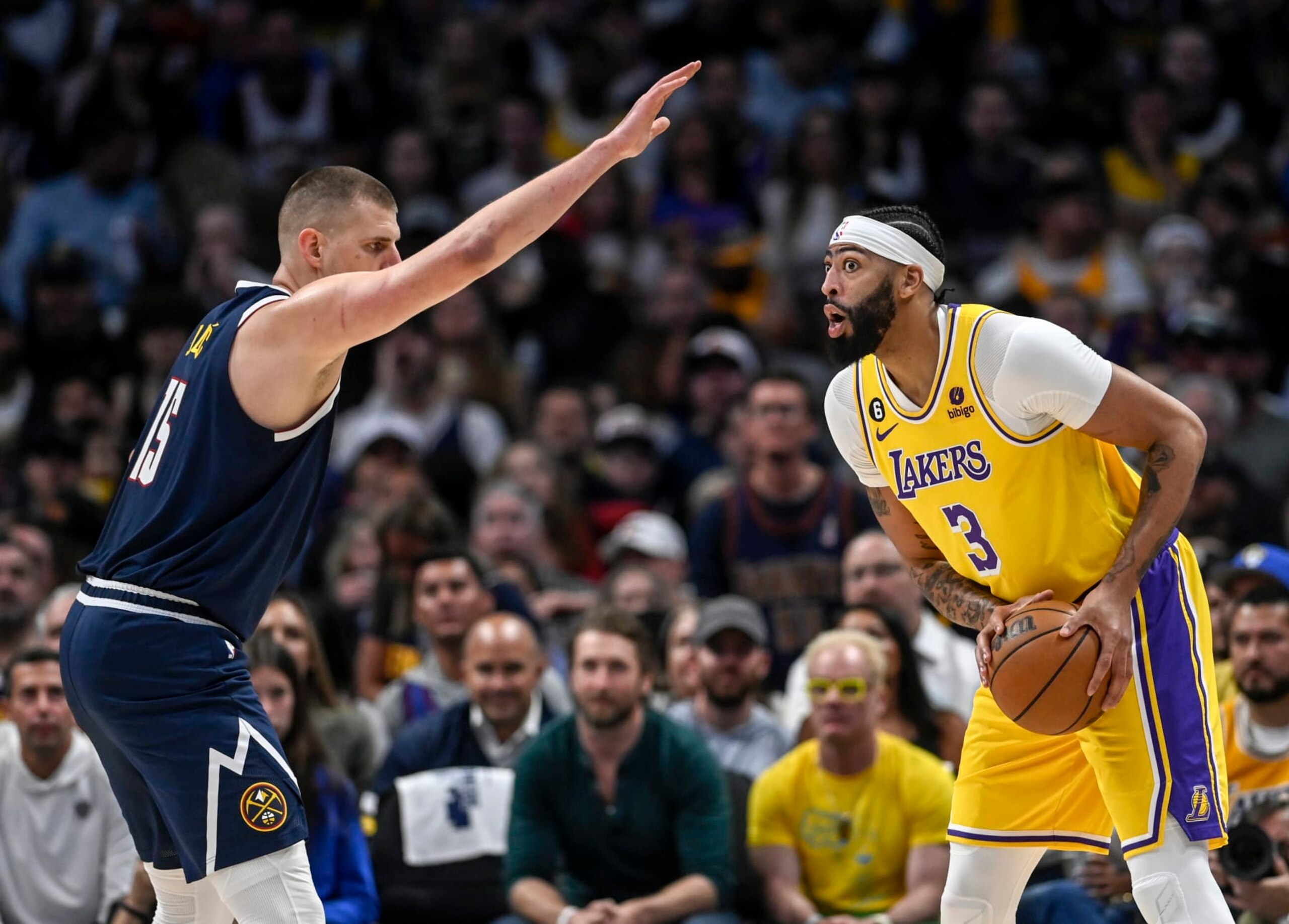 DENVER, CO - MAY 18: Nikola Jokic (15) of the Denver Nuggets guards Anthony Davis (3) of the Los Angeles Lakers during the first quarter at Ball Arena in Denver on Thursday, May 18, 2023. (Photo by AAron Ontiveroz/The Denver Post)