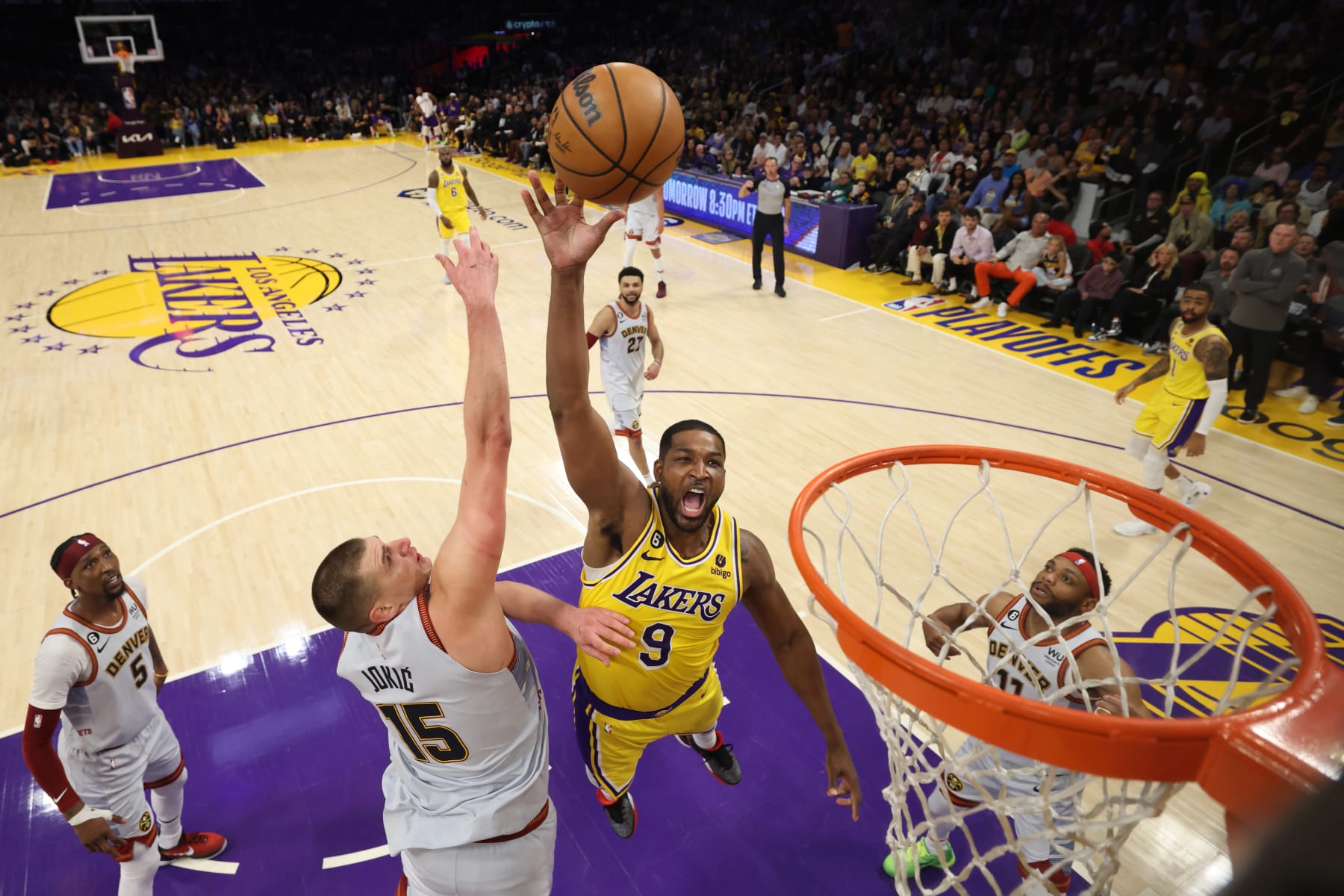 LOS ANGELES, CALIFORNIA - MAY 22: Tristan Thompson #9 of the Los Angeles Lakers shoots the ball past Nikola Jokic #15 of the Denver Nuggets during the second half in game four of the Western Conference Finals at Crypto.com Arena on May 22, 2023 in Los Angeles, California. NOTE TO USER: User expressly acknowledges and agrees that, by downloading and or using this photograph, User is consenting to the terms and conditions of the Getty Images License Agreement. (Photo by Harry How/Getty Images)