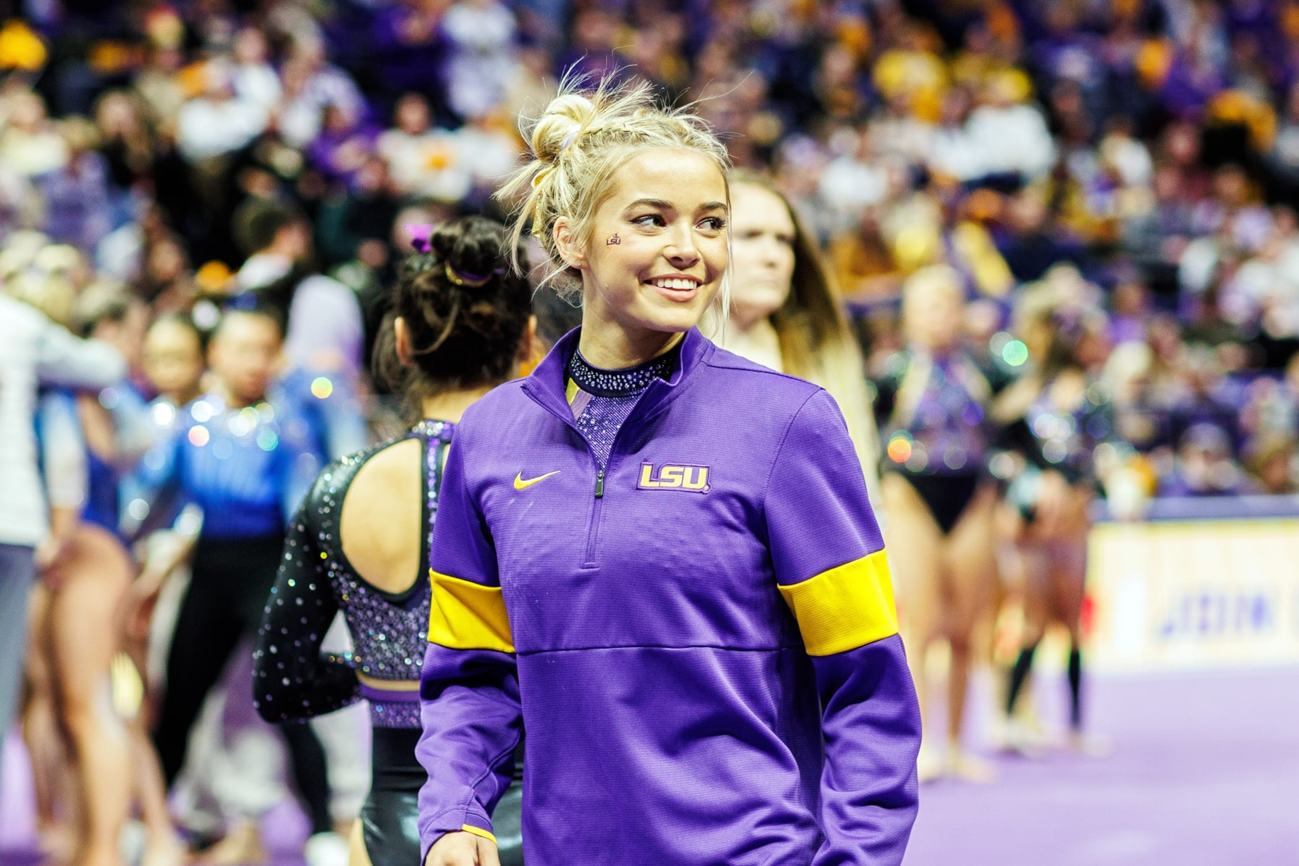 BATON ROUGE, LA - FEBRUARY 17: LSU Tigers gymnast Olivia Dunne during a meet between the LSU Tigers and the Florida Gators on February 17, 2023, at the Pete Maravich Assembly Center in Baton Rouge, Louisiana. (Photo by John Korduner/Icon Sportswire via Getty Images) BATON ROUGE, LA - FEBRUARY 17: LSU Tigers gymnast Olivia Dunne during a meet between the LSU Tigers and the Florida Gators on February 17, 2023, at the Pete Maravich Assembly Center in Baton Rouge, Louisiana. (Photo by John Korduner/Icon Sportswire via Getty Images)