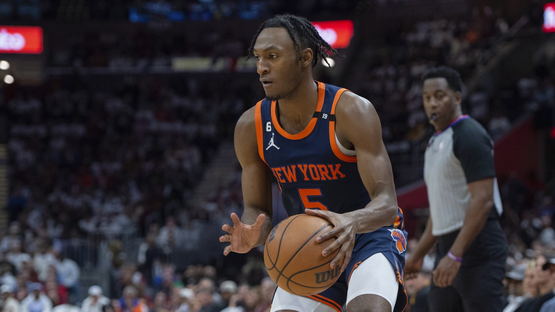 New York Knicks' Immanuel Quickley (5) prepares to shoot against the Cleveland Cavaliers during the second half of Game 5 of an NBA basketball first-round playoff series, Wednesday, April 26, 2023, in Cleveland. (AP Photo/Phil Long)