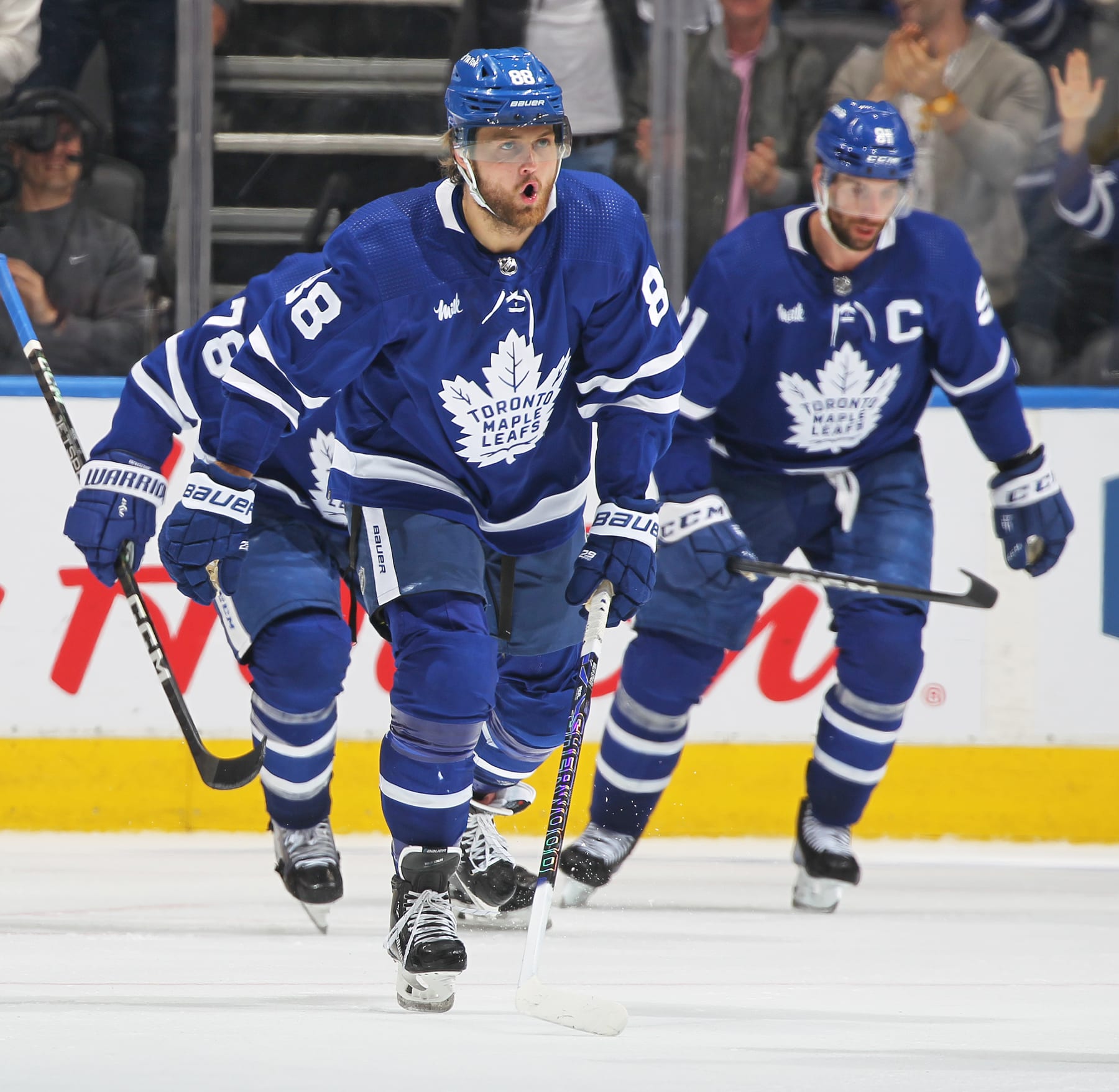 TORONTO, CANADA - MAY 12:  William Nylander #88 of the Toronto Maple Leafs celebrates after scoring the game-tying goal in the third period against the Florida Panthers during Game Five of the Second Round of the 2023 Stanley Cup Playoffs at Scotiabank Arena on May 12, 2023 in Toronto, Ontario, Canada. (Photo by Claus Andersen/Getty Images)