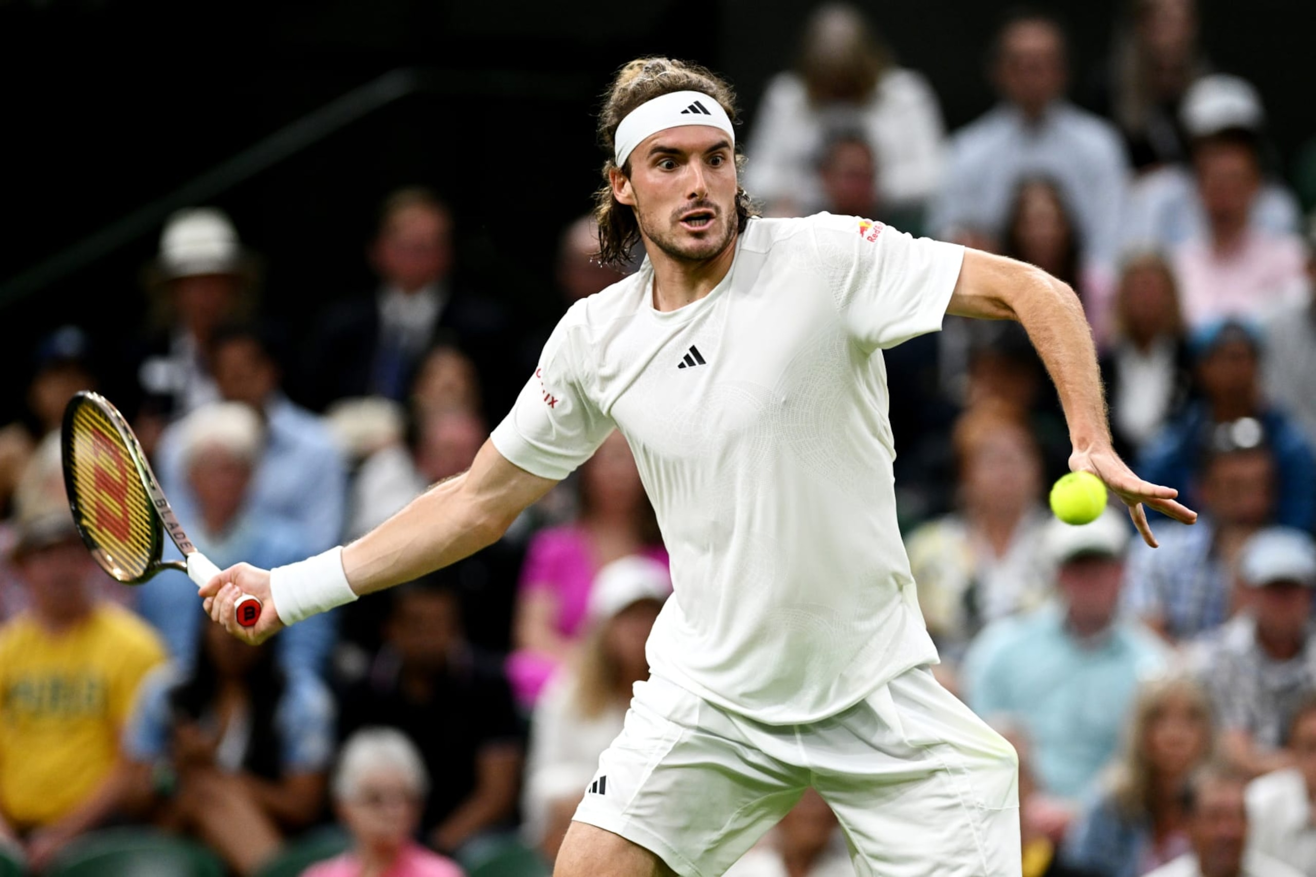 LONDON, ENGLAND - JULY 06: Stefanos Tsitsipas of Greece plays a forehand against Andy Murray of Great Britain in the Men's Singles second round match during day four of The Championships Wimbledon 2023 at All England Lawn Tennis and Croquet Club on July 06, 2023 in London, England. (Photo by Mike Hewitt/Getty Images)