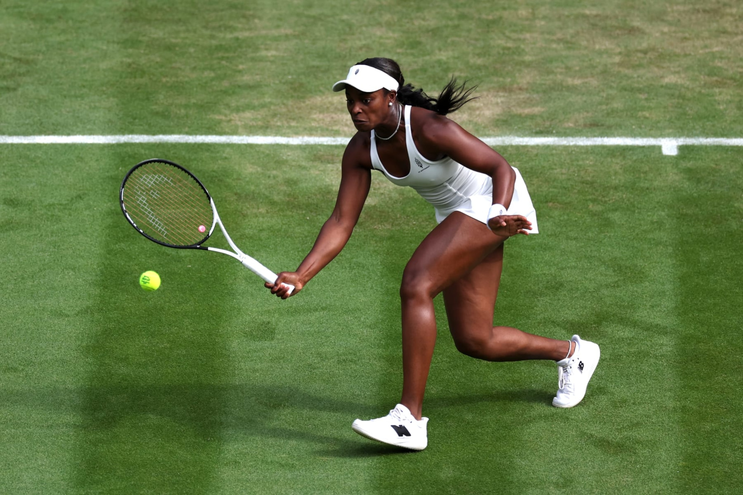 LONDON, ENGLAND - JULY 06: Sloane Stephens of United States plays a forehand against Donna Vekic of Croatia in the Women's Singles second round match during day four of The Championships Wimbledon 2023 at All England Lawn Tennis and Croquet Club on July 06, 2023 in London, England. (Photo by Michael Regan/Getty Images)