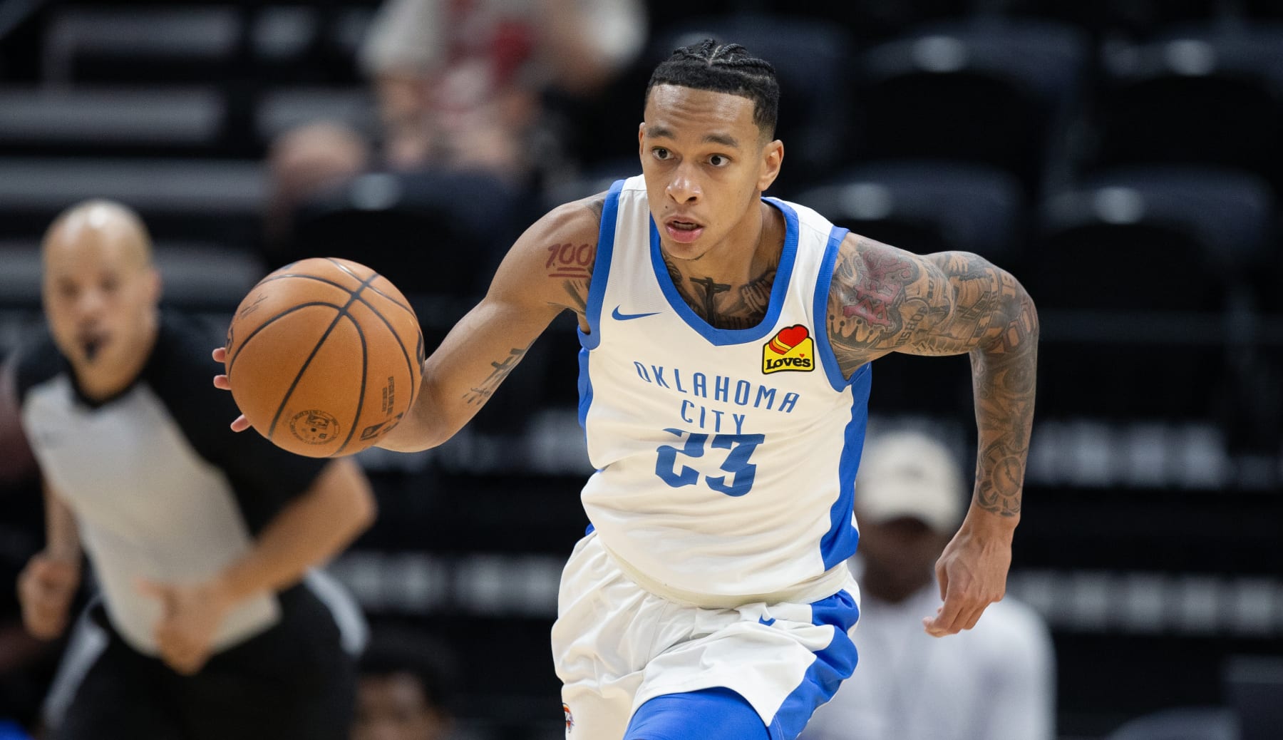 SALT LAKE CITY, UT - JULY 6: Tre Mann #23 of the Oklahoma City Thunder pushes the ball up court against the Philadelphia 76ers during the first half of their NBA Summer League game July 6, 2023 at the Delta Center in Salt Lake City, Utah. NOTE TO USER: User expressly acknowledges and agrees that, by downloading and/or using this Photograph, user is consenting to the terms and conditions of the Getty Images License Agreement.(Photo by Chris Gardner/Getty Images)