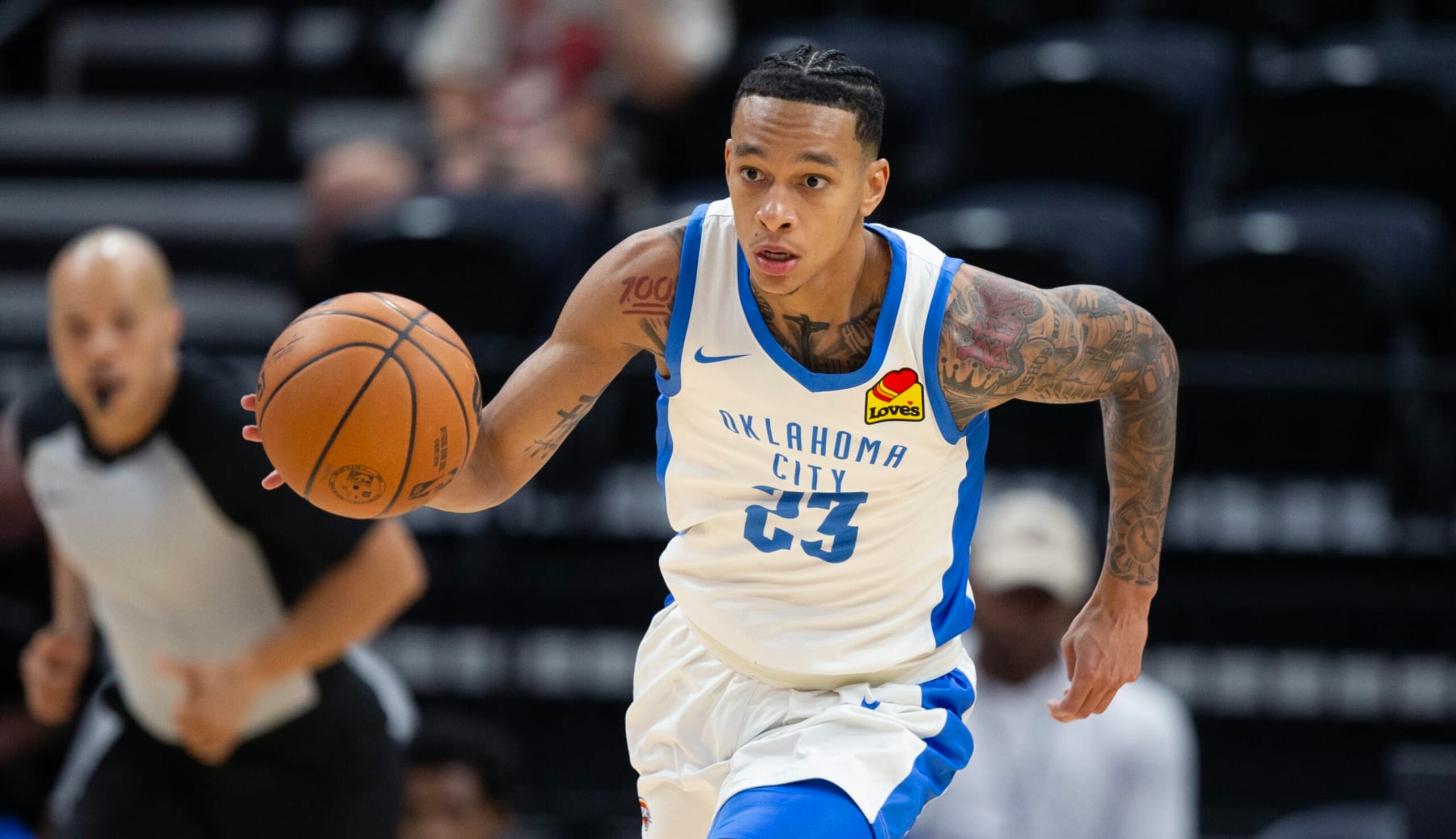 SALT LAKE CITY, UT - JULY 6: Tre Mann #23 of the Oklahoma City Thunder pushes the ball up court against the Philadelphia 76ers during the first half of their NBA Summer League game July 6, 2023 at the Delta Center in Salt Lake City, Utah. NOTE TO USER: User expressly acknowledges and agrees that, by downloading and/or using this Photograph, user is consenting to the terms and conditions of the Getty Images License Agreement.(Photo by Chris Gardner/Getty Images)