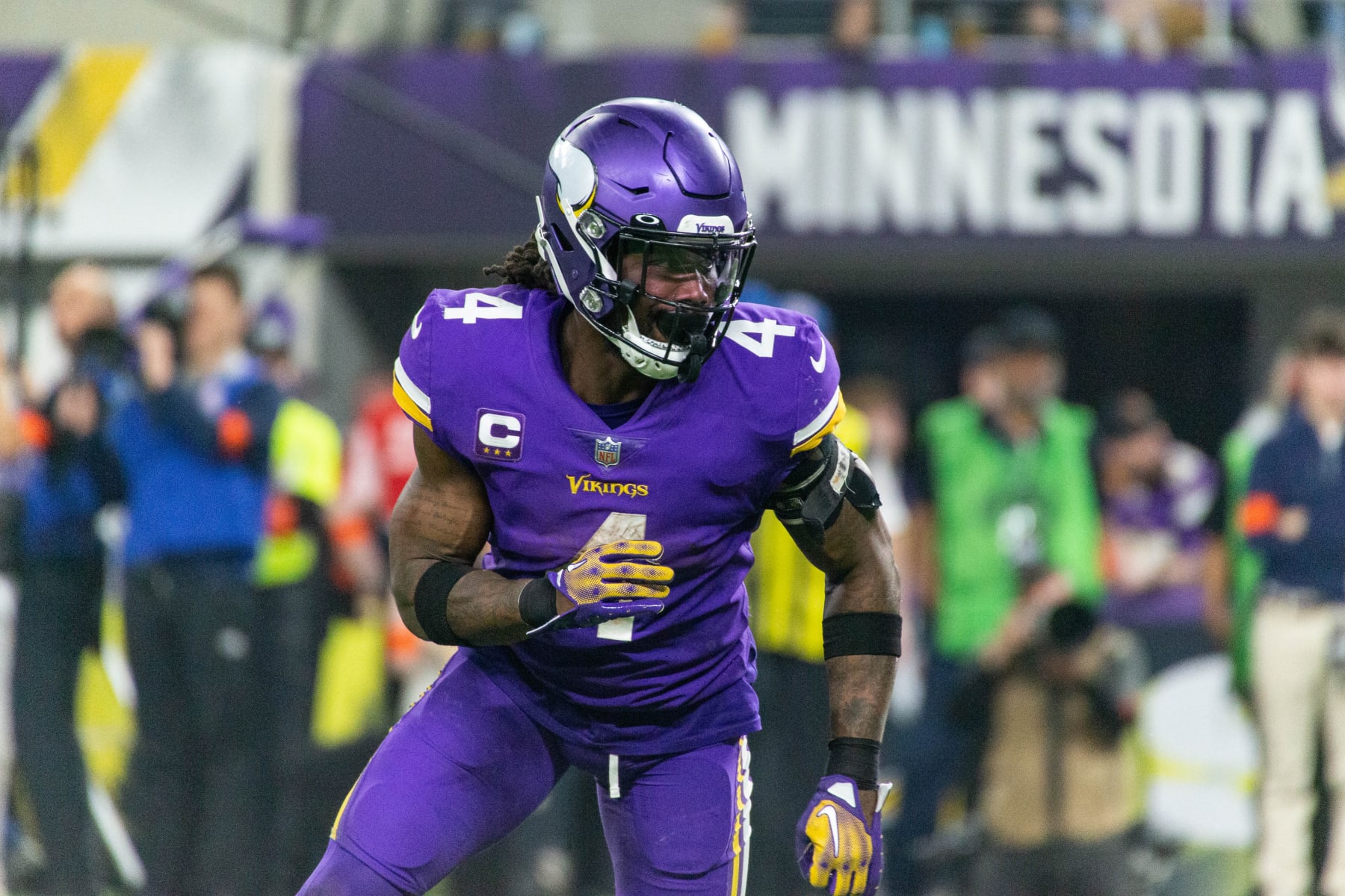 MINNEAPOLIS, MN - JANUARY 15: Minnesota Vikings running back Dalvin Cook (4) looks on during the NFL game between the New York Giants and Minnesota Vikings on January 15th, 2023, at U.S. Bank Stadium in Minneapolis, MN. (Photo by Bailey Hillesheim/Icon Sportswire via Getty Images)