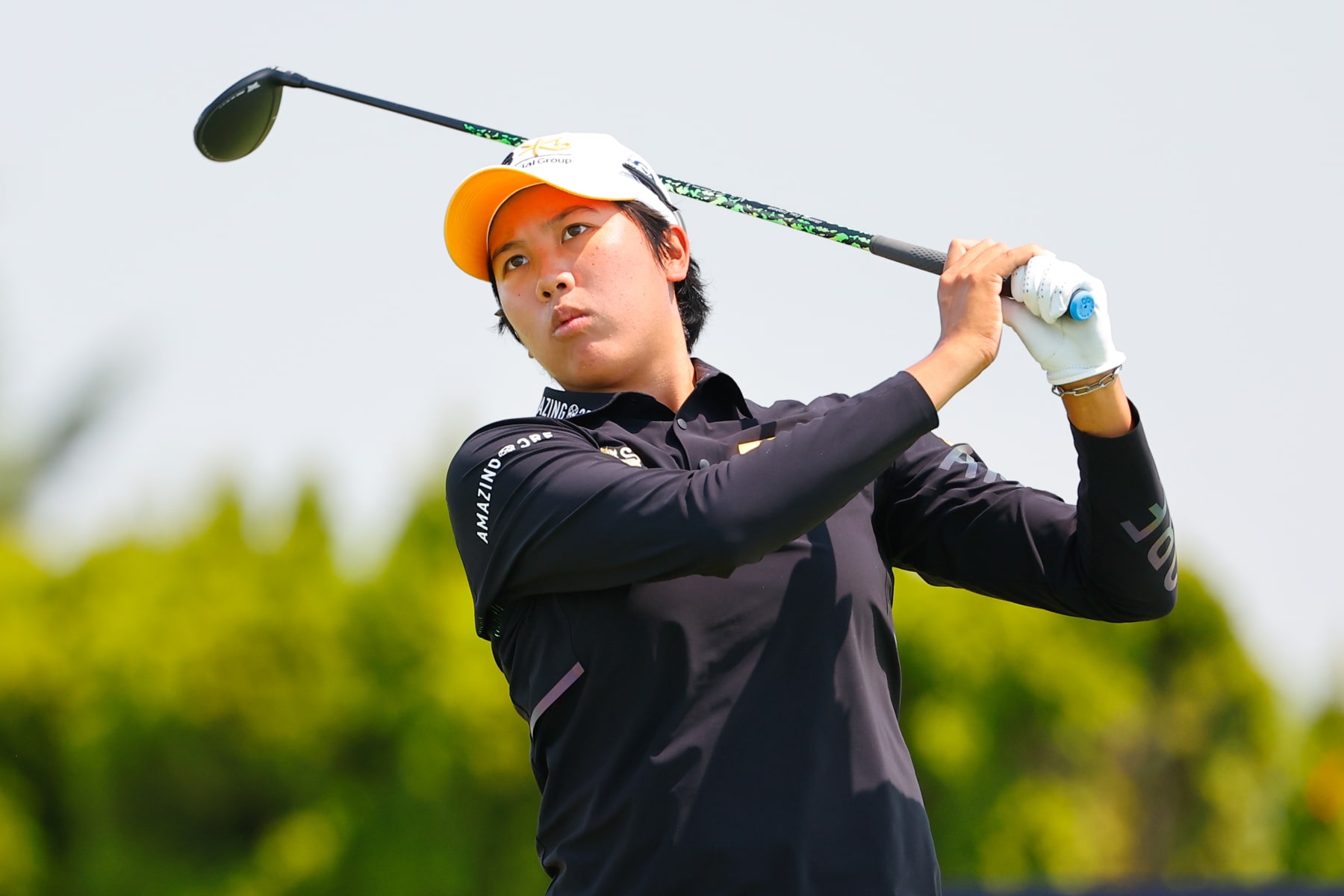 JERSEY CITY, NJ - JUNE 02:  Natthakritta Vongtaveelap of Thailand tees of at the first hole during the second round of the LPGA Mizuho Americas Open at Liberty National Golf Club on June 2, 2023 in Jersey City, New Jersey.  (Photo by Rich Graessle/Icon Sportswire via Getty Images)