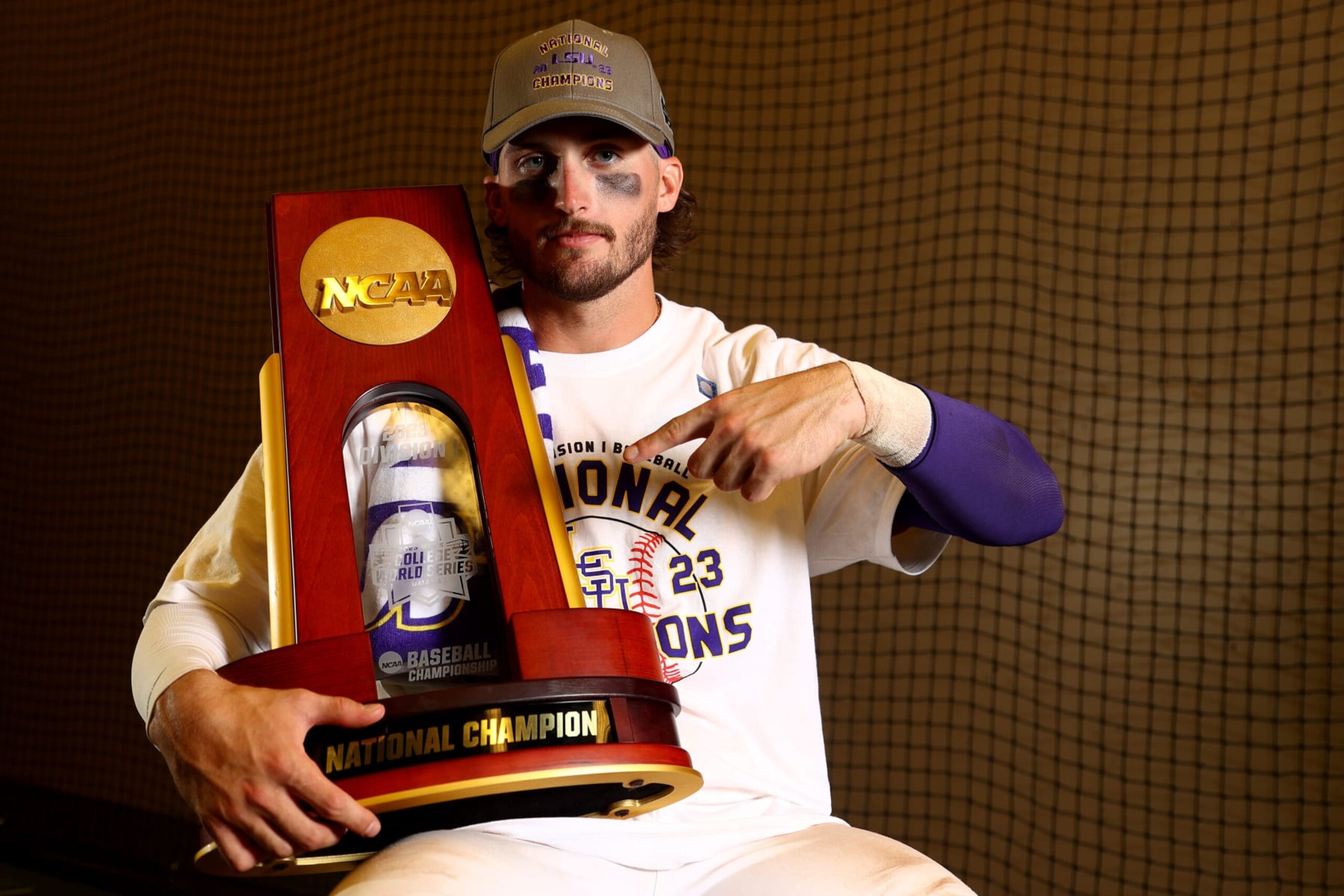 OMAHA, NE - JUNE 26: Dylan Crews #3 of the LSU Tigers celebrates after defeating the Florida Gators 18-4 in Game 3 of the Division I Mens Baseball Championship held at Charles Schwab Field on June 26, 2023 in Omaha, Nebraska. (Photo by Jamie Schwaberow/NCAA Photos via Getty Images)