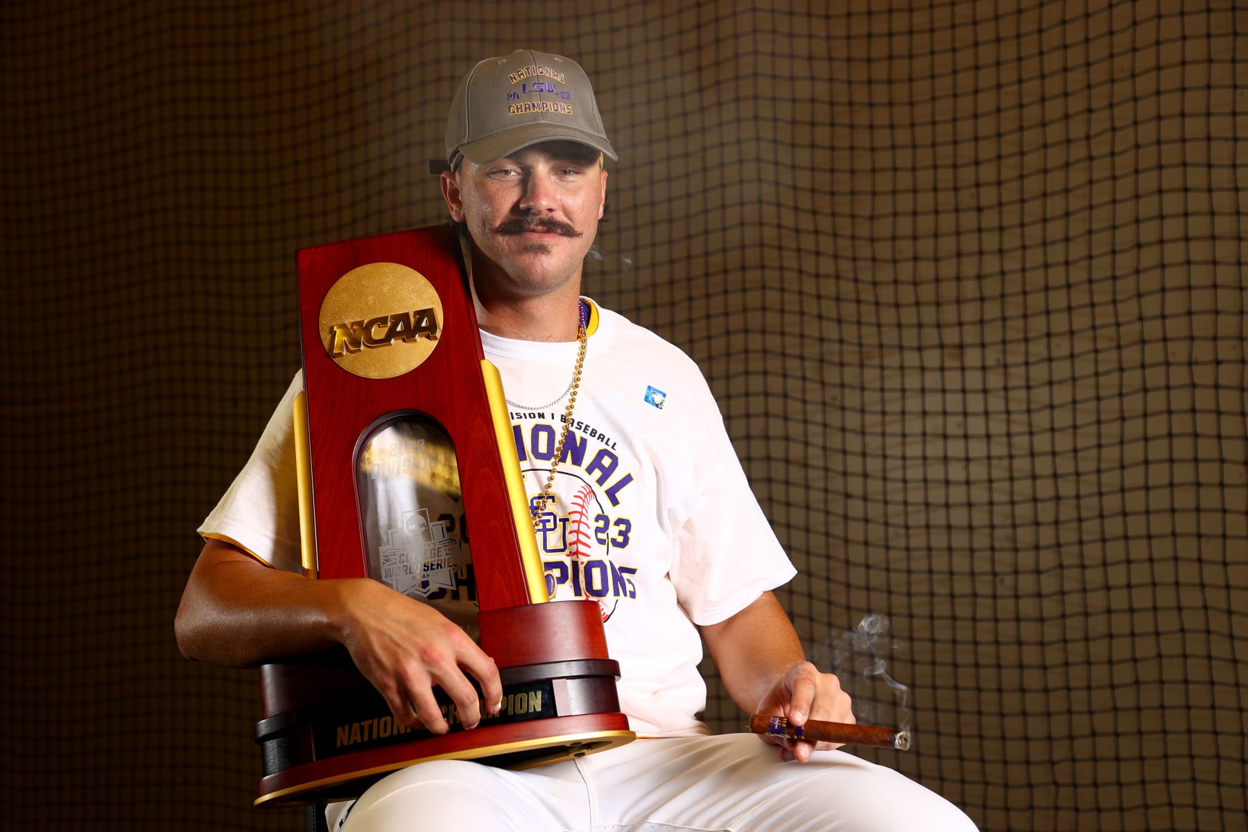 OMAHA, NE - JUNE 26: Paul Skenes #20 of the LSU Tigers celebrates after defeating the Florida Gators 18-4 in Game 3 of the Division I Mens Baseball Championship held at Charles Schwab Field on June 26, 2023 in Omaha, Nebraska. (Photo by Jamie Schwaberow/NCAA Photos via Getty Images)