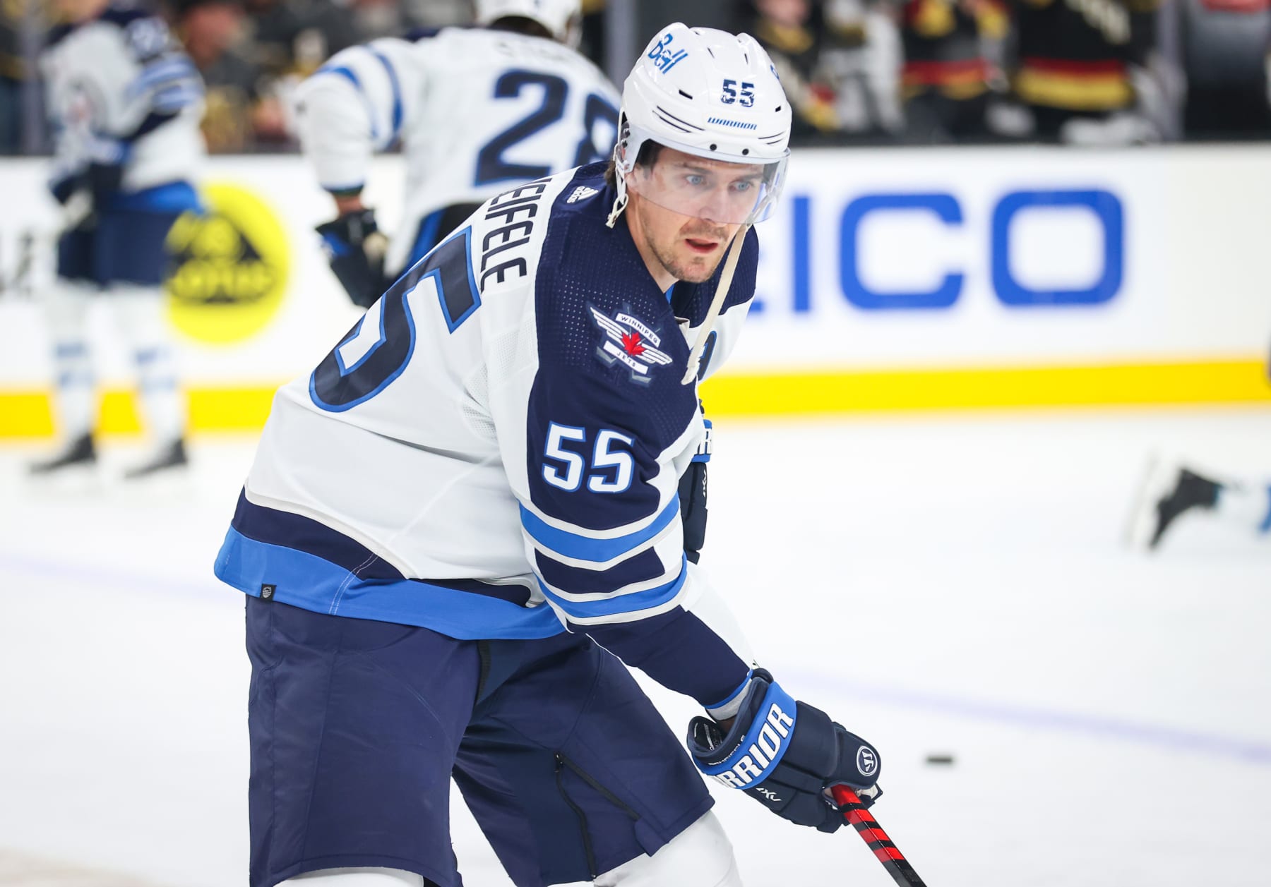 LAS VEGAS, NEVADA - APRIL 20: Mark Scheifele #55 of the Winnipeg Jets warms up prior to Game Two of the First Round of the 2023 Stanley Cup Playoffs against the Vegas Golden Knights at T-Mobile Arena on April 20, 2023 in Las Vegas, Nevada. (Photo by Zak Krill/NHLI via Getty Images)