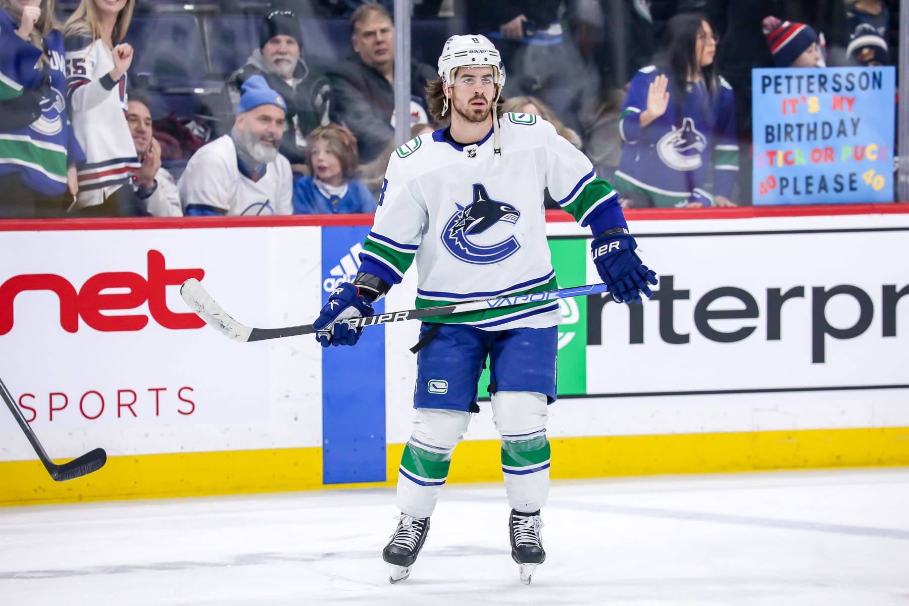 WINNIPEG, CANADA - JANUARY 8: Connor Garland #8 of the Vancouver Canucks takes part in the pre-game warm up prior to NHL action against the Winnipeg Jets at the Canada Life Centre on January 8, 2023 in Winnipeg, Manitoba, Canada. (Photo by Darcy Finley/NHLI via Getty Images)
