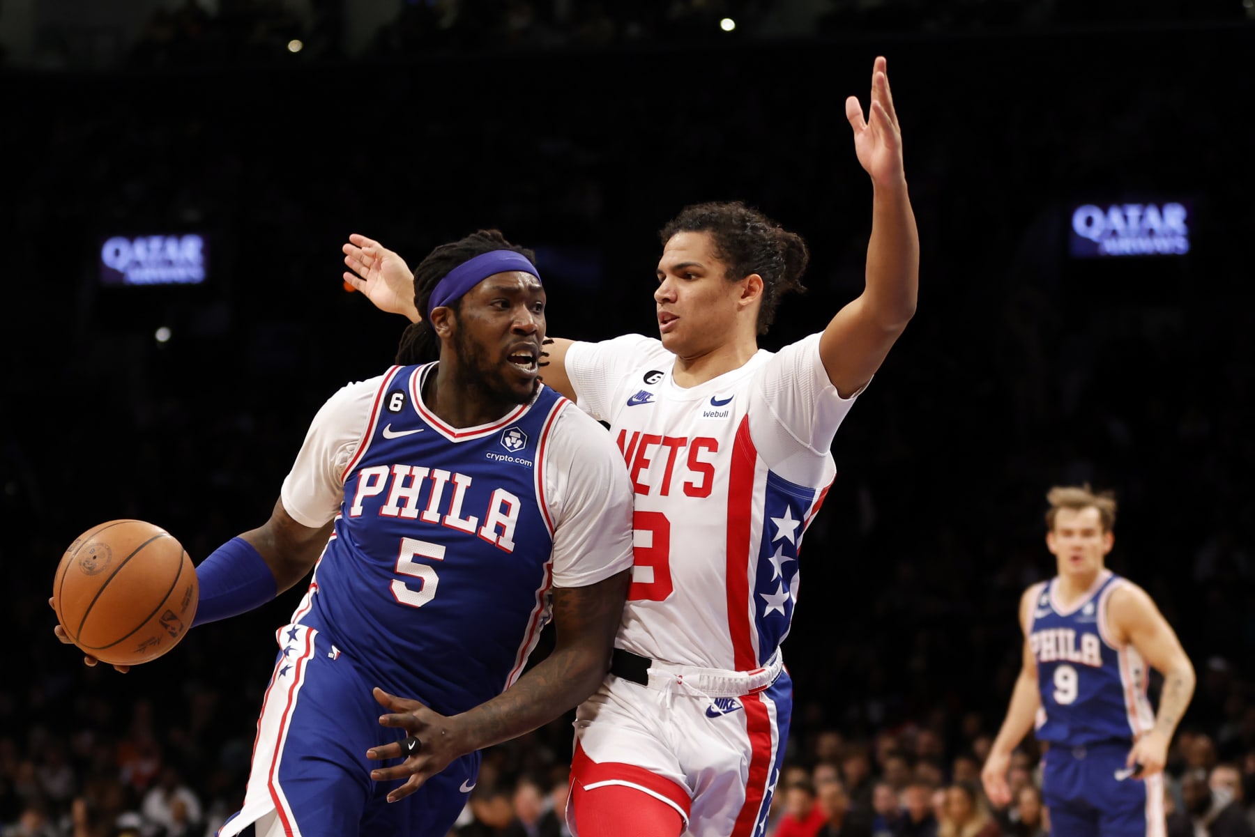 NEW YORK, NEW YORK - APRIL 09: Montrezl Harrell #5 of the Philadelphia 76ers dribbles as Dru Smith #9 of the Brooklyn Nets defends during the second half at Barclays Center on April 09, 2023 in the Brooklyn borough of New York City. The 76ers won 134-105. (Photo by Sarah Stier/Getty Images)
