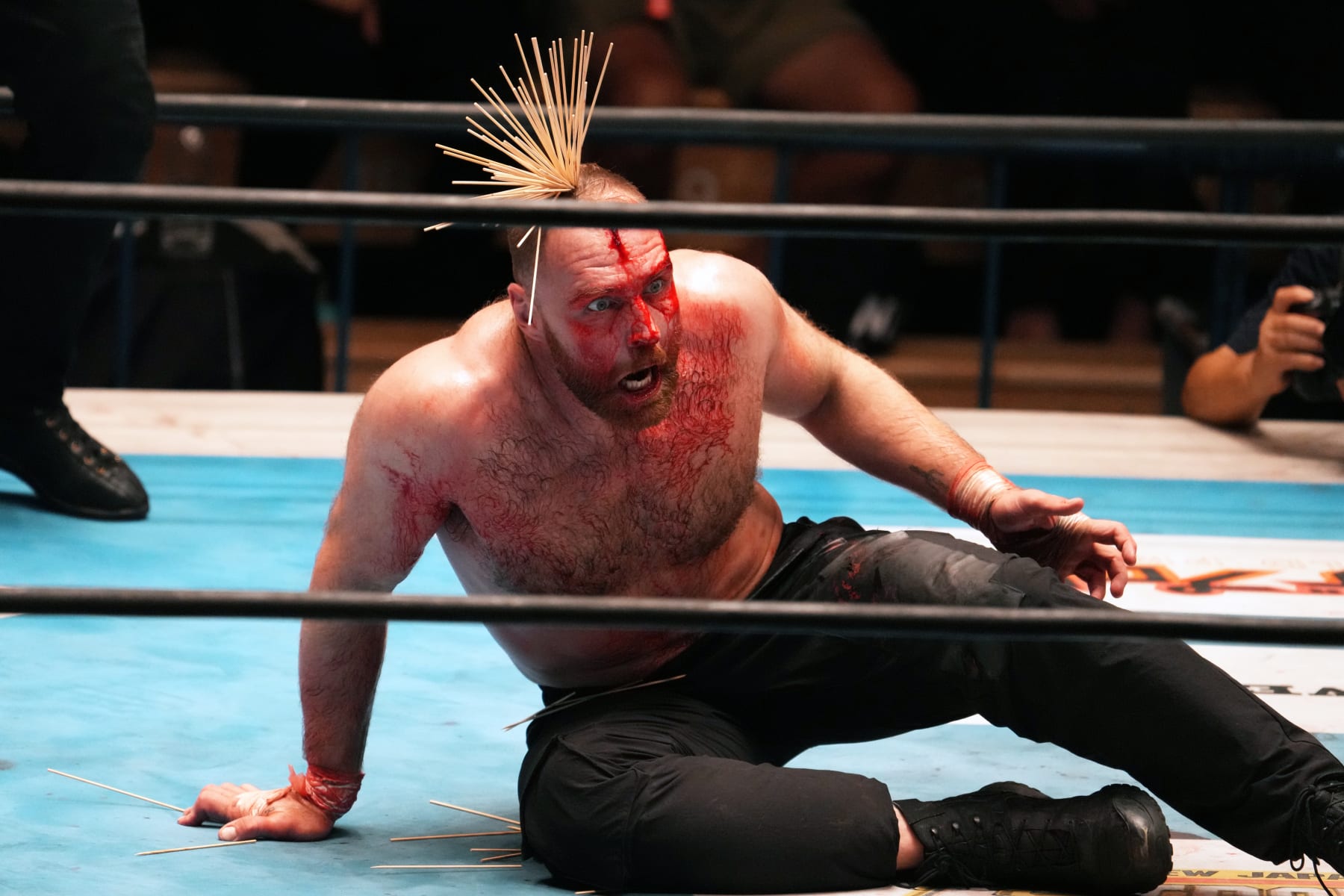 TOKYO, JAPAN - JULY 04: Jon Moxley with blood reacts during the New Japan Pro-Wrestling - STRONG at Korakuen Hall on July 04, 2023 in Tokyo, Japan. (Photo by Etsuo Hara/Getty Images)