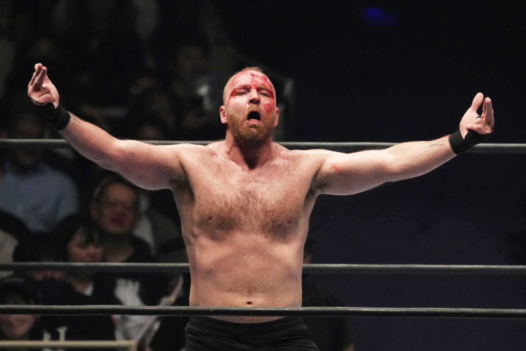 TOKYO, JAPAN - JUNE 04: Jon Moxley reacts during the New Japan Pro-Wrestling - DOMINION at Osaka-jo Hall on June 04, 2023 in Tokyo, Japan. (Photo by Etsuo Hara/Getty Images)