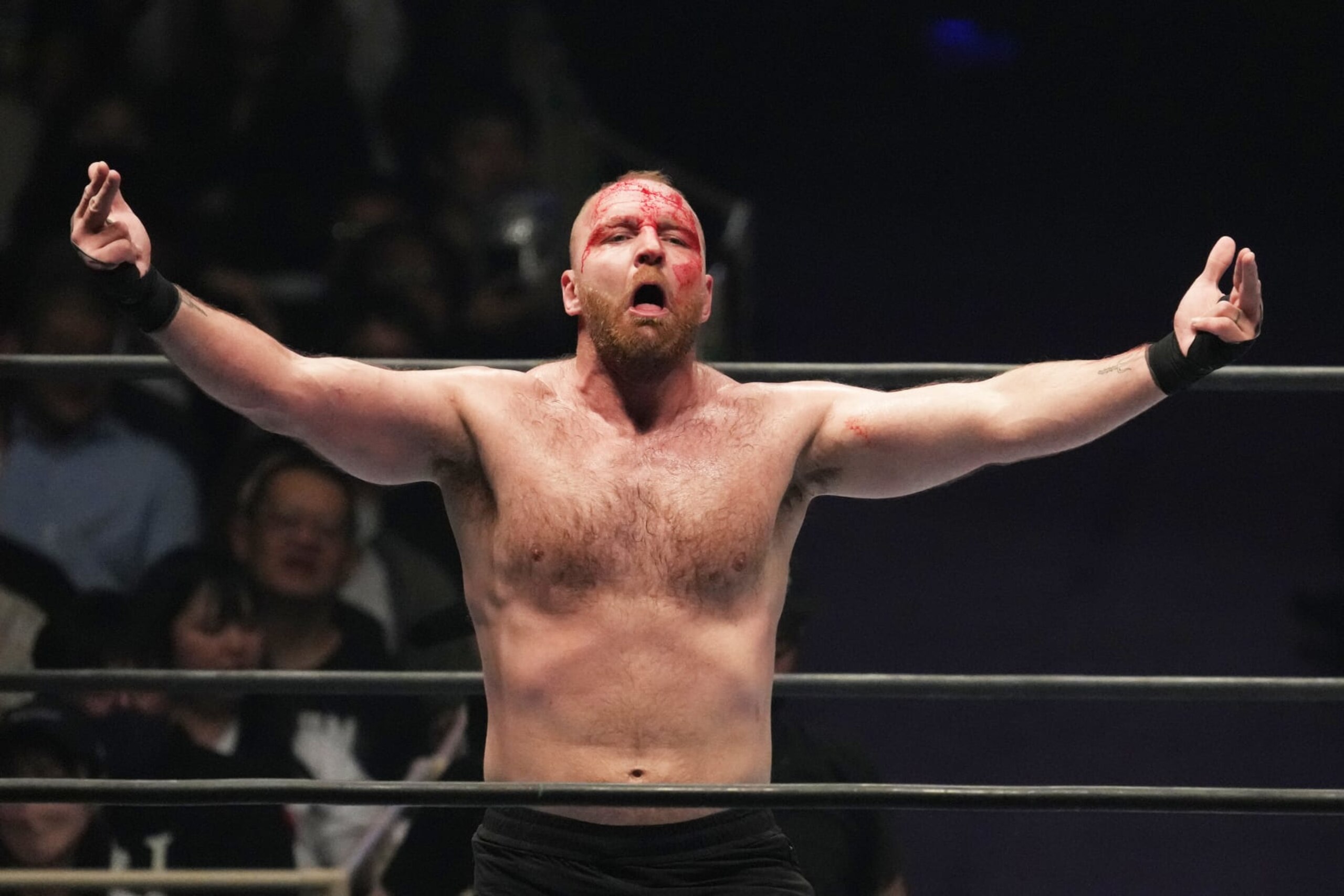 TOKYO, JAPAN - JUNE 04: Jon Moxley reacts during the New Japan Pro-Wrestling - DOMINION at Osaka-jo Hall on June 04, 2023 in Tokyo, Japan. (Photo by Etsuo Hara/Getty Images)