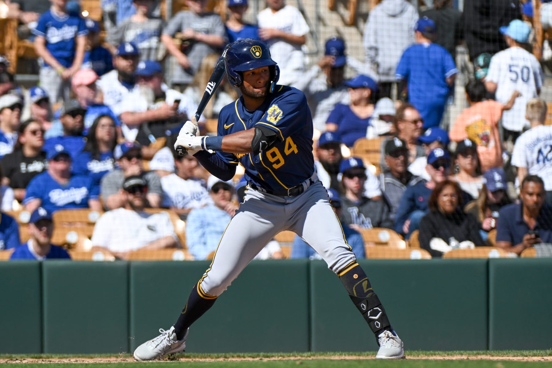 GLENDALE, ARIZONA - MARCH 24, 2023: Jackson Chourio #94 of the Milwaukee Brewers bats during the seventh inning of a spring training game against the Los Angeles Dodgers at Camelback Ranch on March 24, 2023 in Glendale, Arizona. (Photo by David Durochik/Diamond Images via Getty Images)