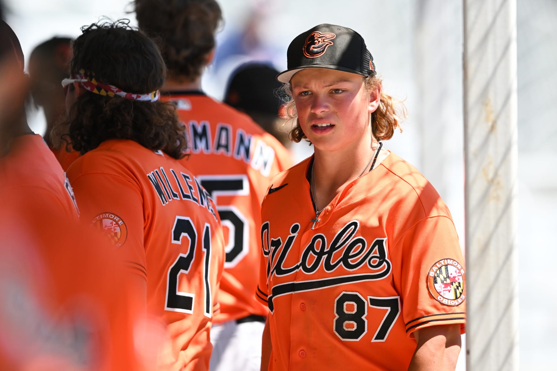 SARASOTA, FLORIDA - MARCH 21, 2023: Jackson Holliday #87 of the Baltimore Orioles looks on during a minor league spring training game against the Atlanta Braves at the Buck ONeil Baseball Complex on March 21, 2023 in Sarasota, Florida. (Photo by Nick Cammett/Diamond Images via Getty Images)