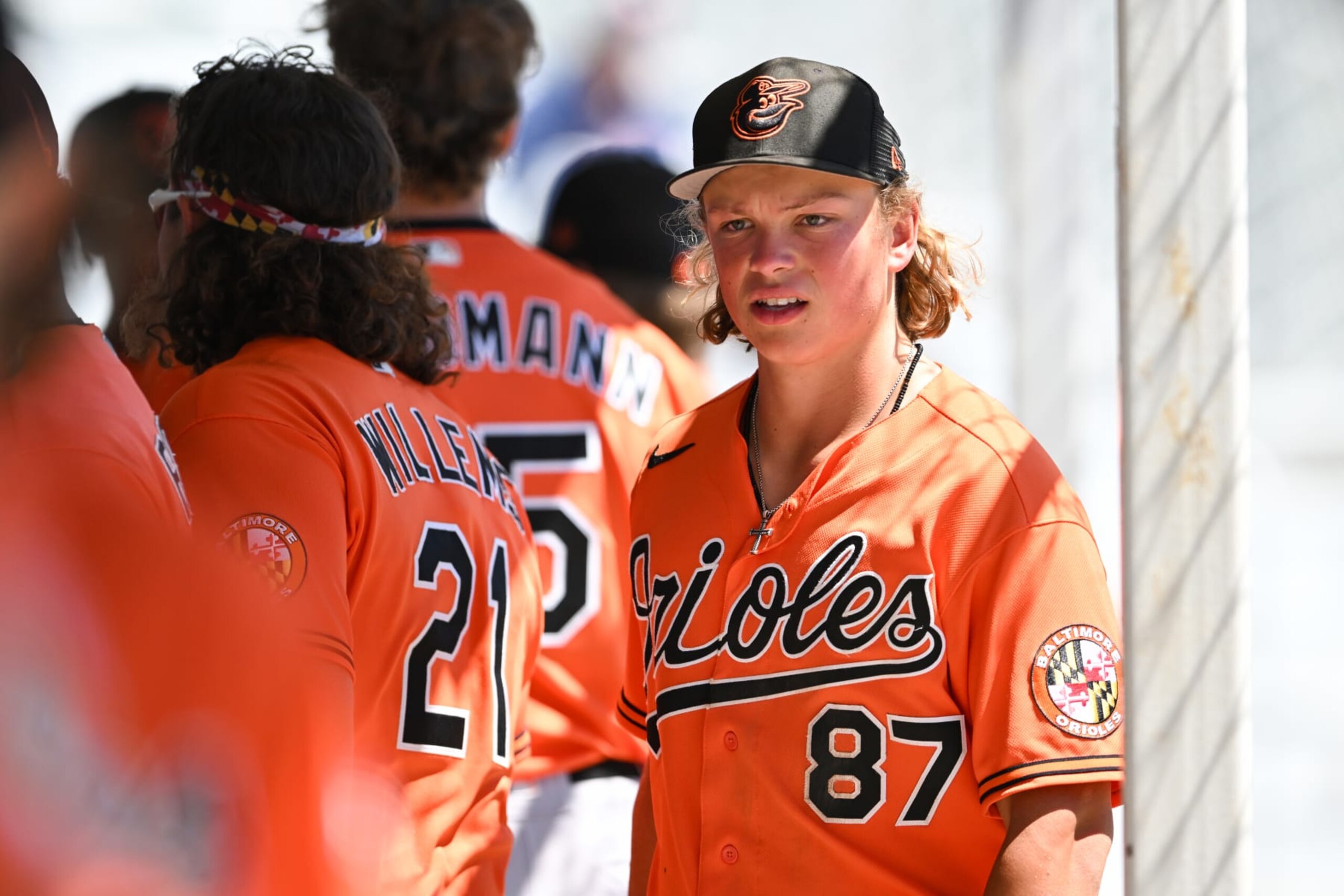 SARASOTA, FLORIDA - MARCH 21, 2023: Jackson Holliday #87 of the Baltimore Orioles looks on during a minor league spring training game against the Atlanta Braves at the Buck ONeil Baseball Complex on March 21, 2023 in Sarasota, Florida. (Photo by Nick Cammett/Diamond Images via Getty Images)
