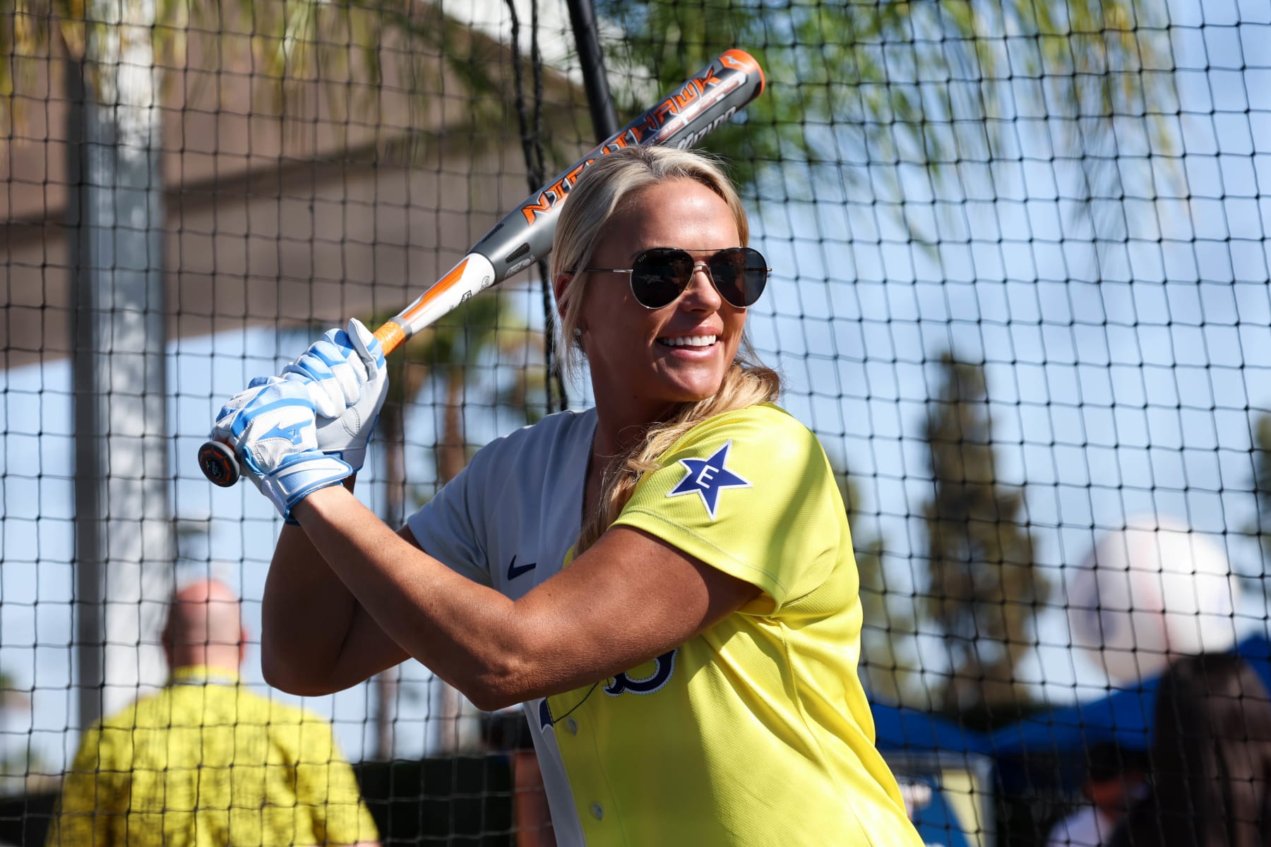 LOS ANGELES, CA - JULY 16:  Jennie Finch-Daigle bats during the Batting Practice Hospitality & Media for MGM All-Star Celebrity Softball Game at Dodger Stadium on Saturday, July 16, 2022 in Los Angeles, California. (Photo by Mary DeCicco/MLB Photos via Getty Images)