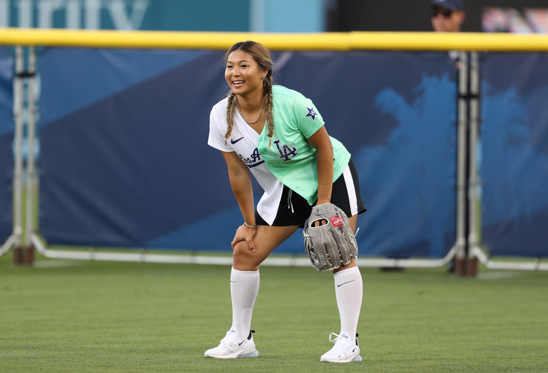 LOS ANGELES, CALIFORNIA - JULY 16: Chloe Kim play in the 2022 MLB All-Star Week Celebrity Softball Game at Dodger Stadium on July 16, 2022 in Los Angeles, California. (Photo by Jerritt Clark/Getty Images)